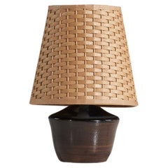 Vintage Höganäs Keramik, Table Lamp, Stoneware, Rattan, Sweden, 1940s