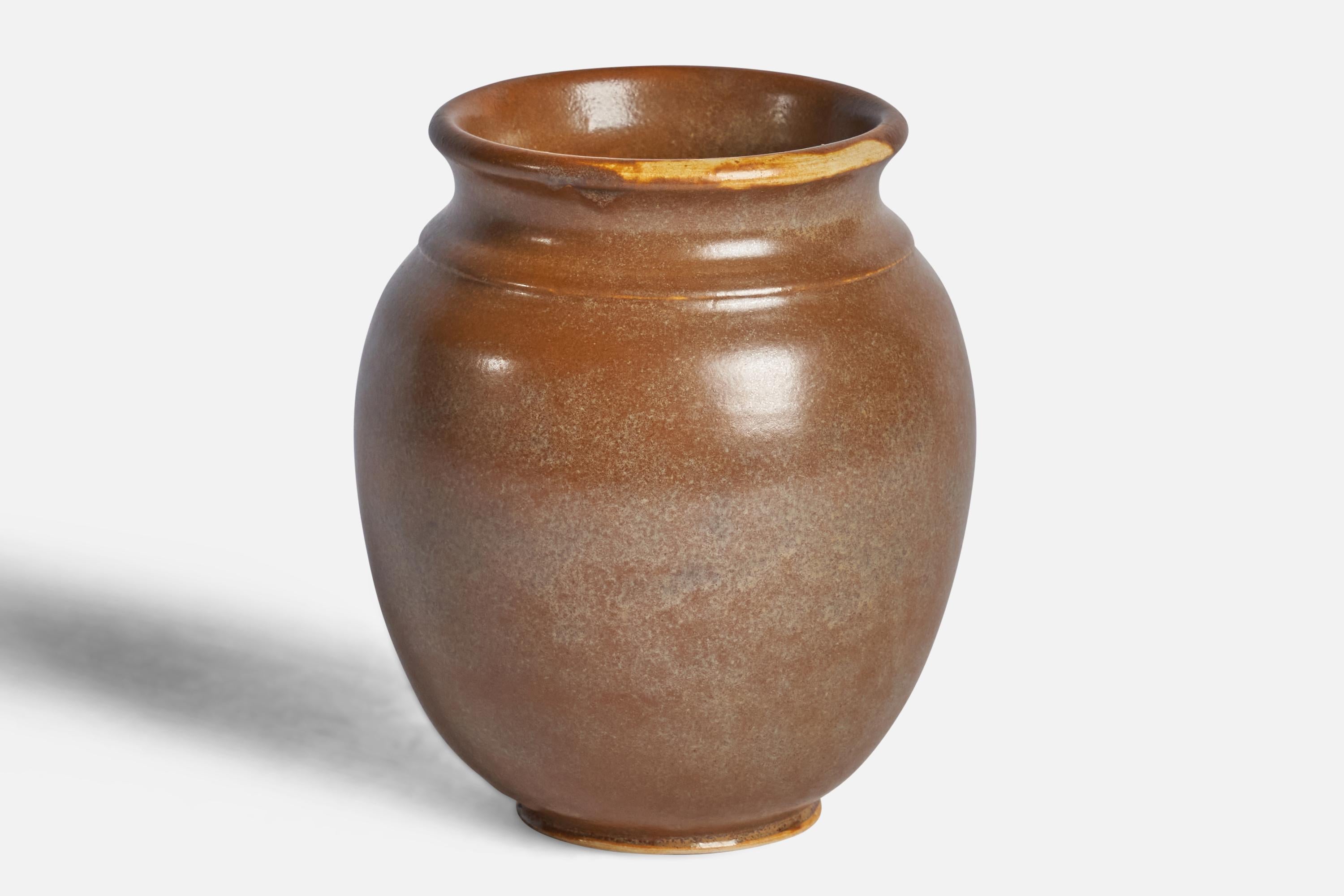 A brown-glazed stoneware vase designed and produced by Höganäs Keramik, Sweden, c. 1960s.