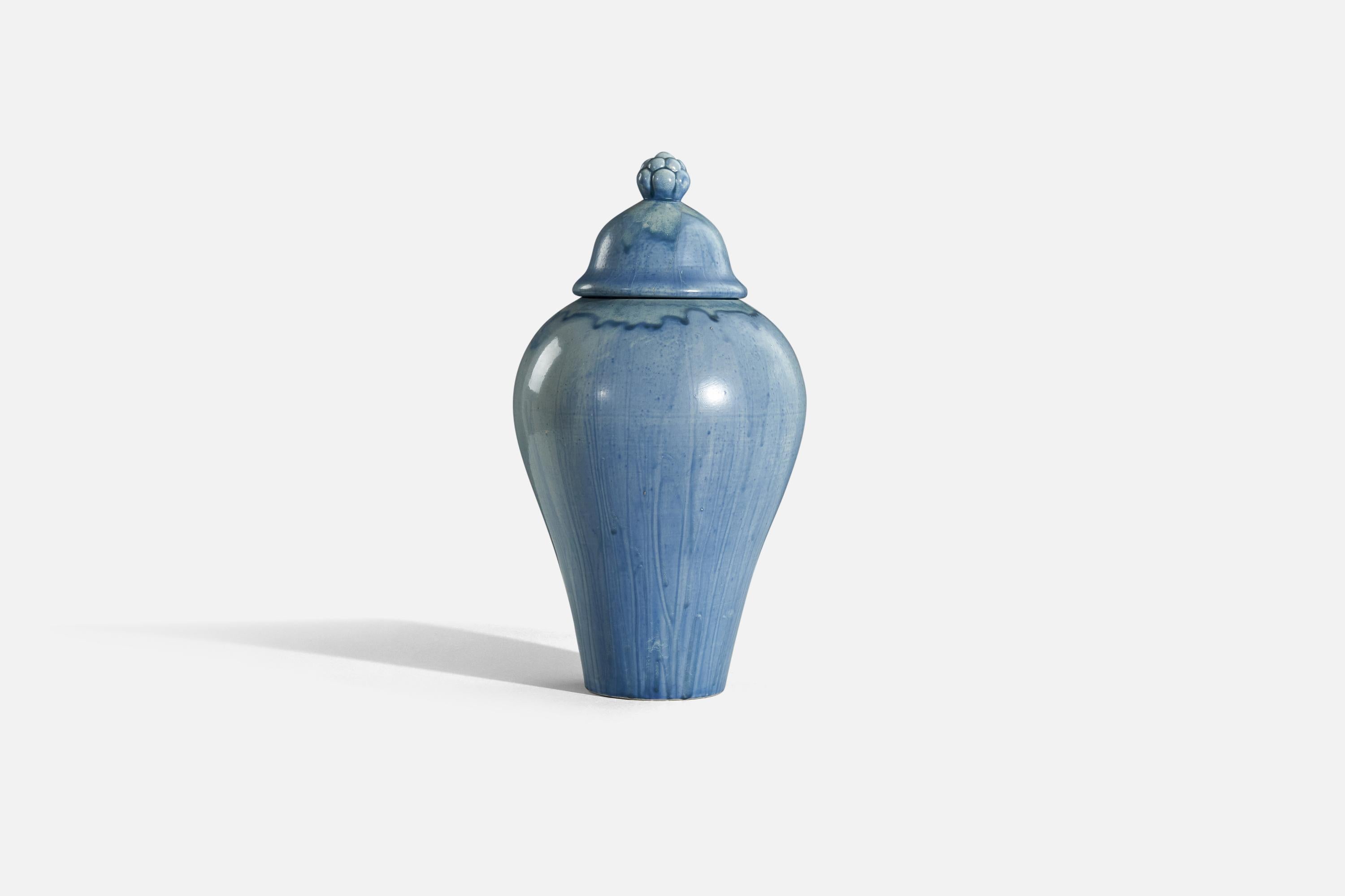 A blue, glazed stoneware urn designed and produced by Höganäs Keramik, Sweden, c. 1940s.
 