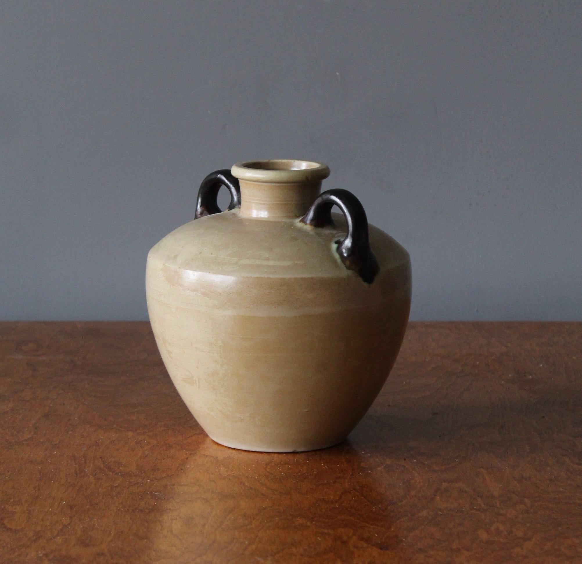 Mid-Century Modern Höganäs Keramik, Vase, Brown Beige Glazed Ceramic, Sweden, 1940s