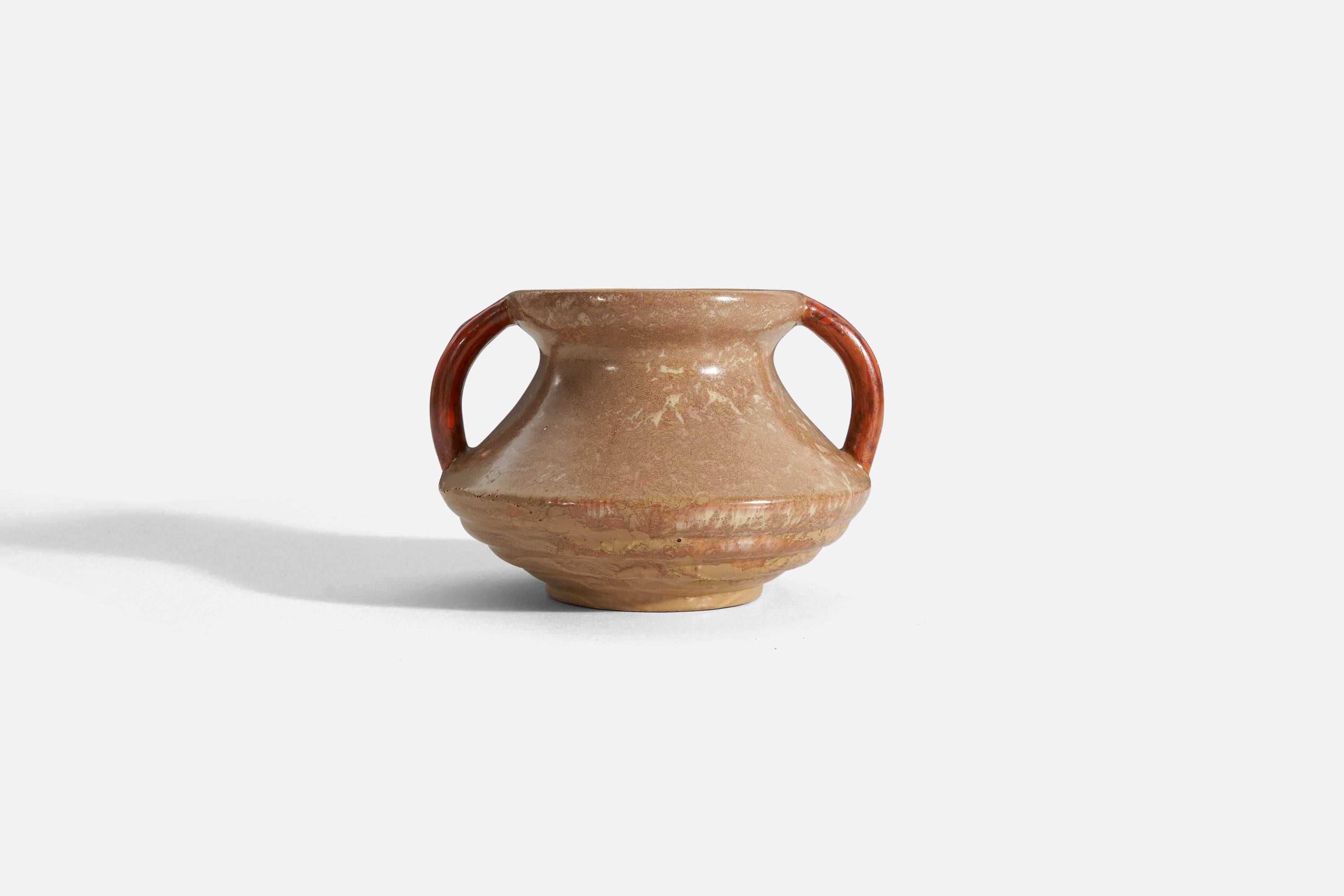 A beige-glazed stoneware vase with orange handles, designed and produced by Höganäs Keramik, Sweden, 1940s.