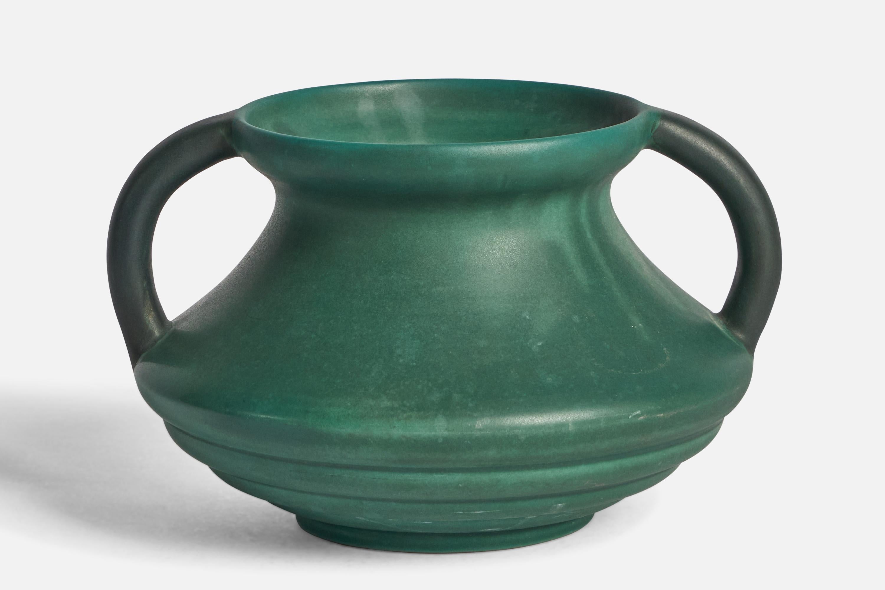 A green-glazed stoneware vase designed and produced by Höganäs Keramik, Sweden, 1930s.k