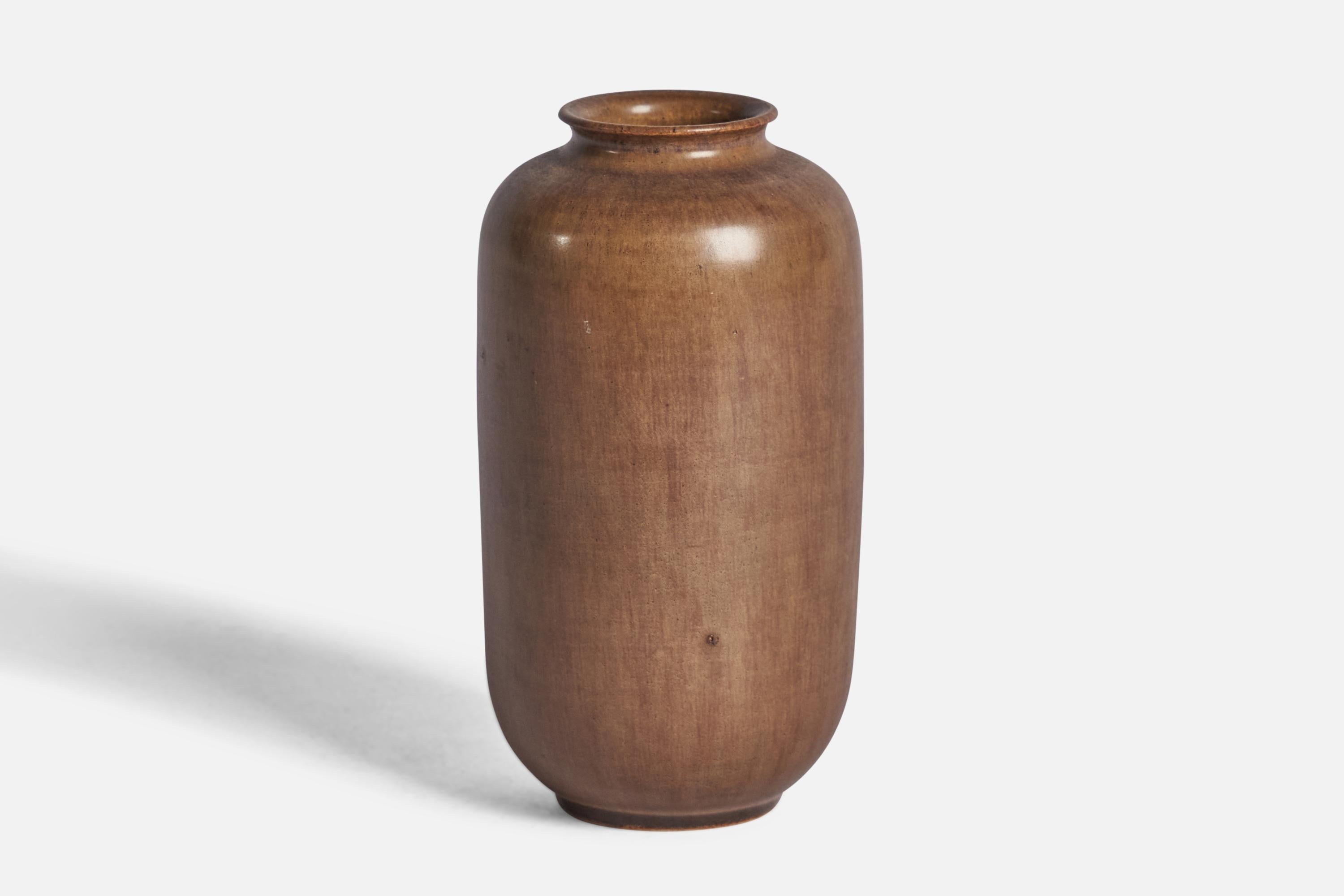 A brown-glazed stoneware vase designed and produced by Höganäs Keramik, Sweden, 1950s.
“HÖGANAS” on bottom