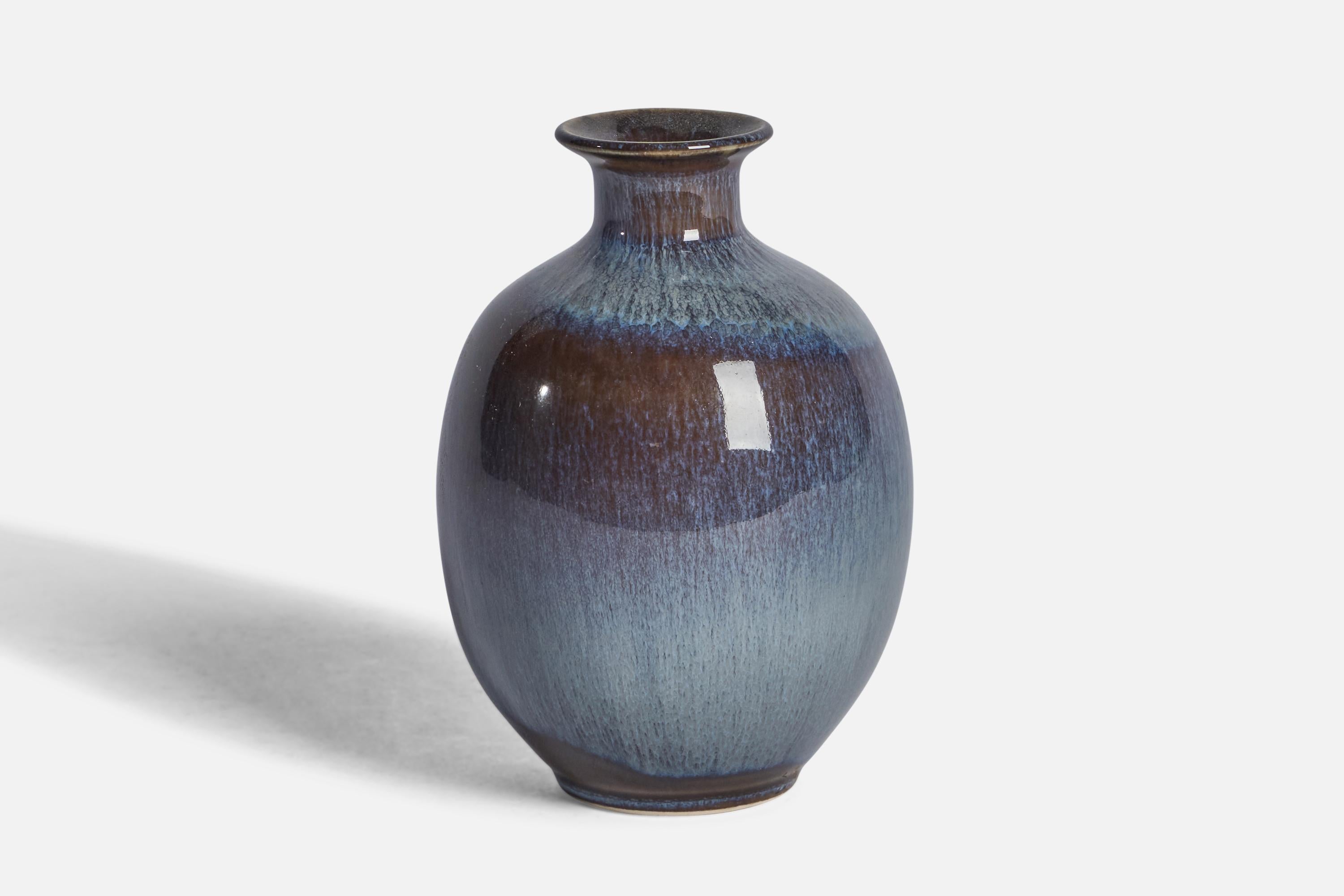 A blue-glazed stoneware vase designed and produced by Höganäs Keramik, Sweden, c. 1960s.