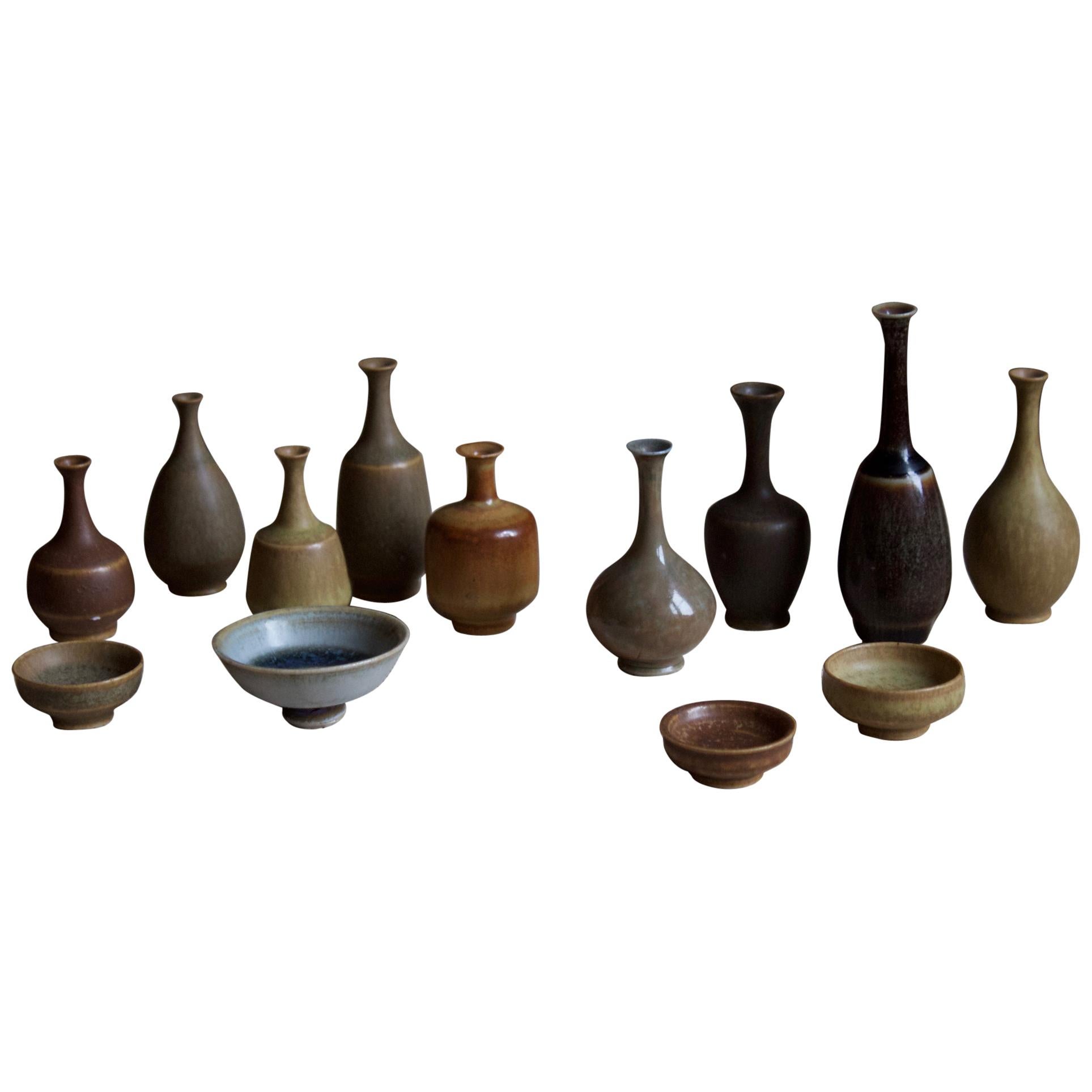 Höganäs, Miniature Vases and Bowls, Glazed Stoneware, Signed, Sweden, 1960s
