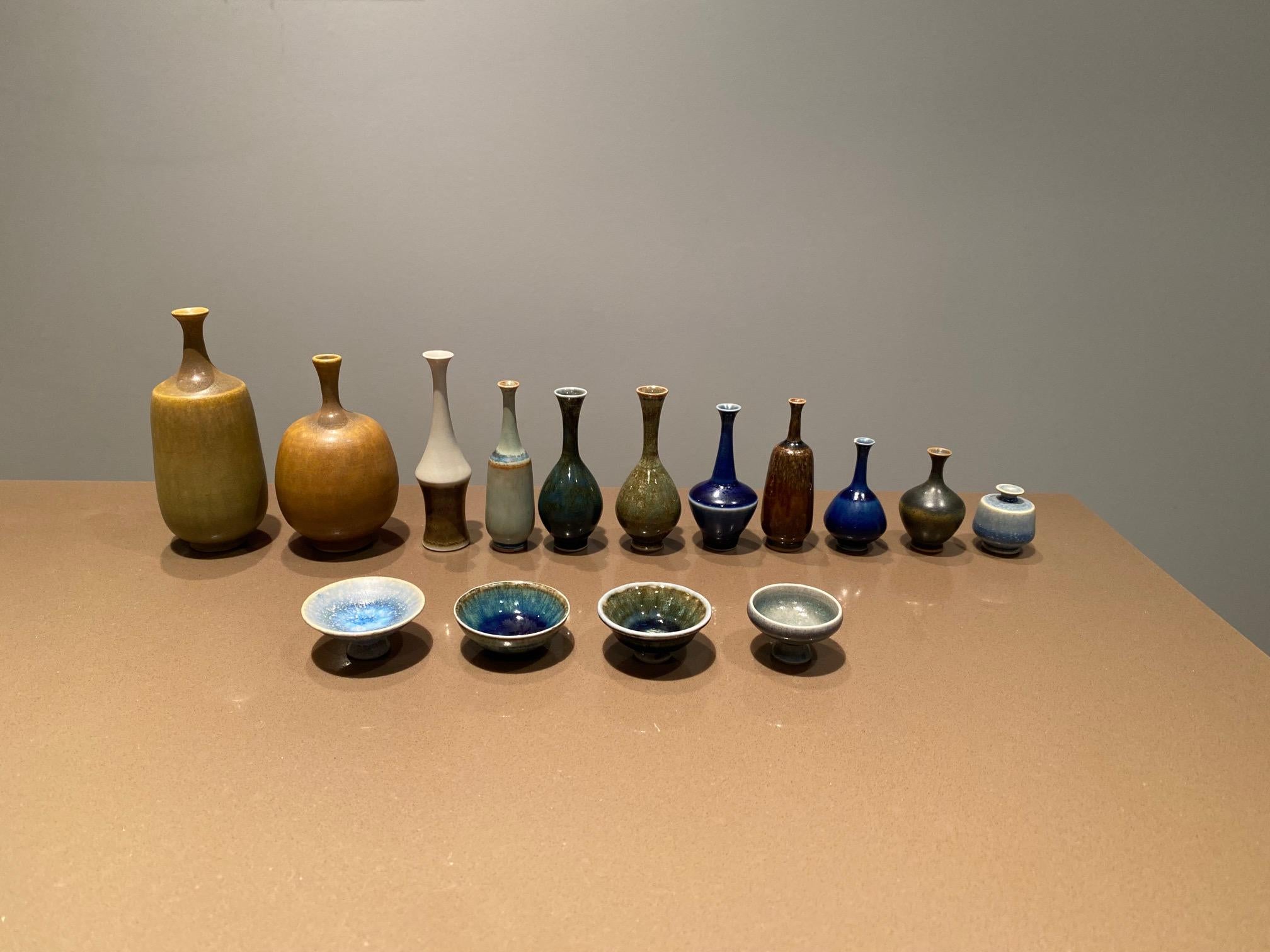 Mid-20th Century Höganäs, Set of 15 Stoneware Miniature Vases and Bowls, Signed, Sweden, 1960s