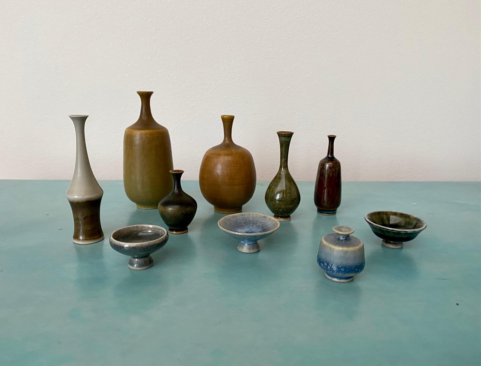 Ceramic Höganäs, Set of 15 Stoneware Miniature Vases and Bowls, Signed, Sweden, 1960s