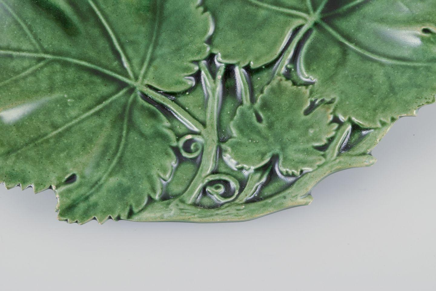 Swedish Höganäs, Sweden, Art Nouveau ceramic dish. Leaves in relief. Early 20th C. For Sale