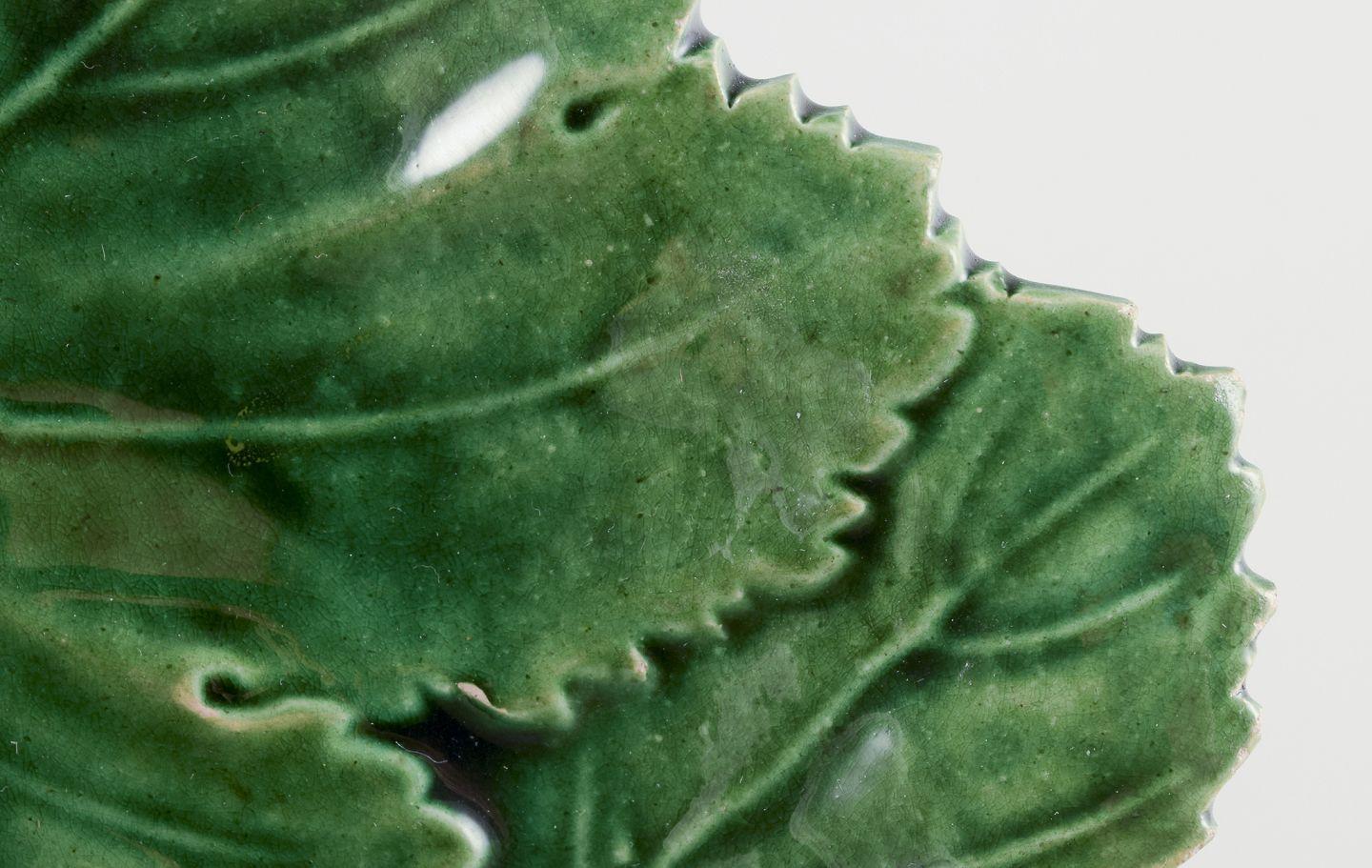 Glazed Höganäs, Sweden, Art Nouveau ceramic dish. Leaves in relief. Early 20th C. For Sale