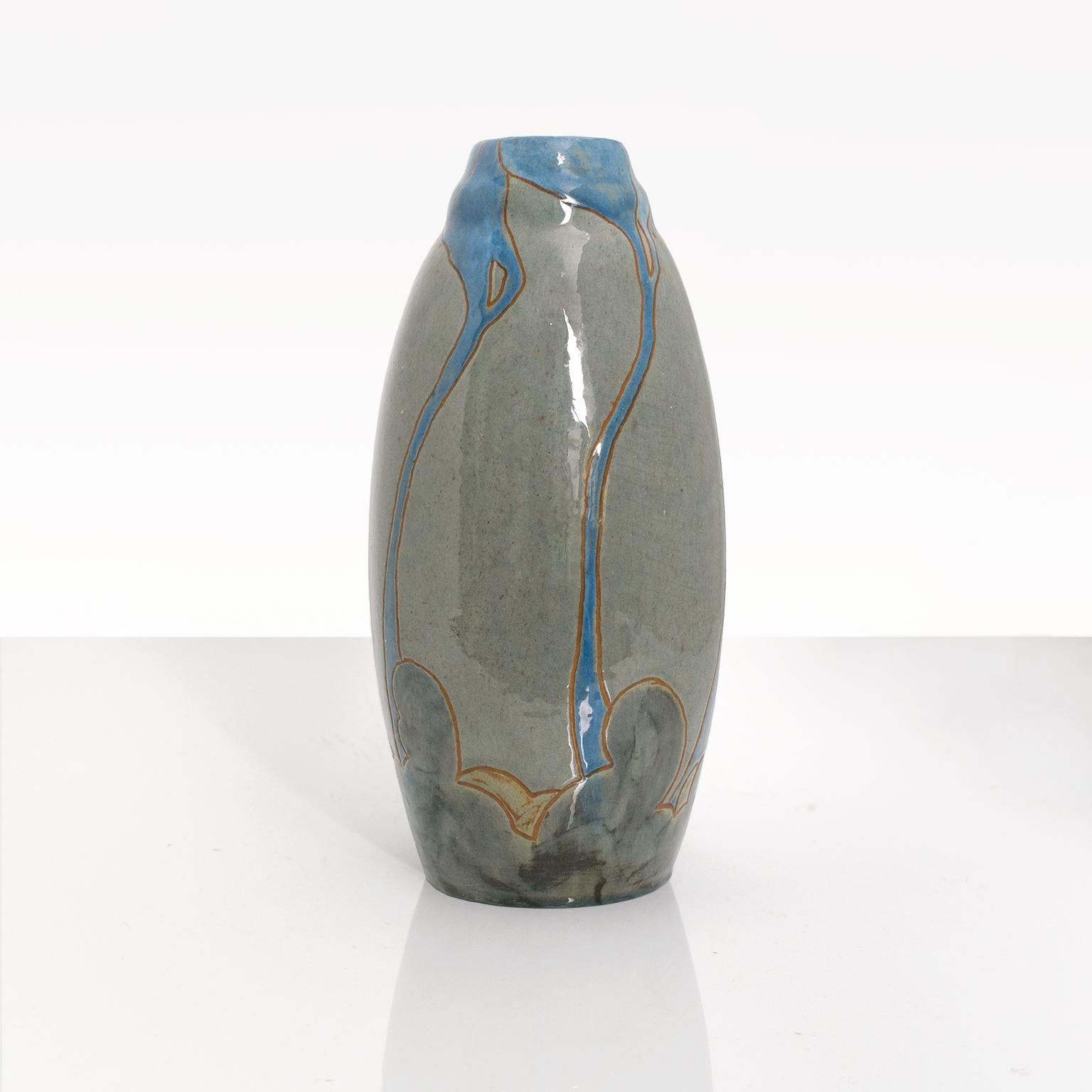 Glazed Hoganas, Swedish Art Nouveau Ceramic Vase, Circa 1910 For Sale