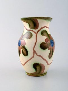 Höganäs, Vase in Glazed Ceramics, Flowers on Light Background, 1940s