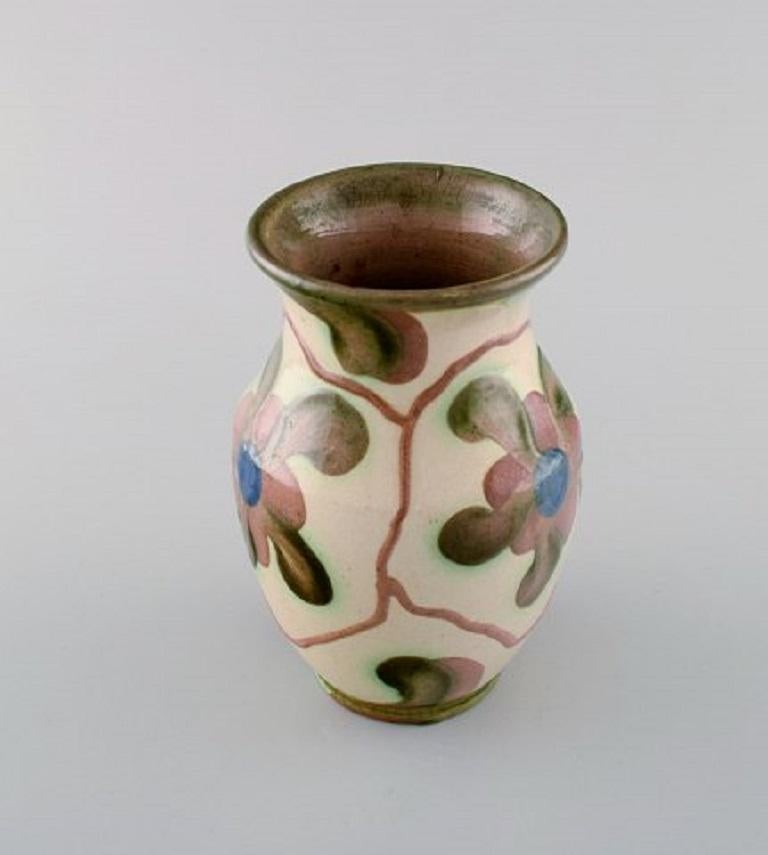 Folk Art Höganäs, Vase in Glazed Ceramics, Flowers on Light Background, 1940s