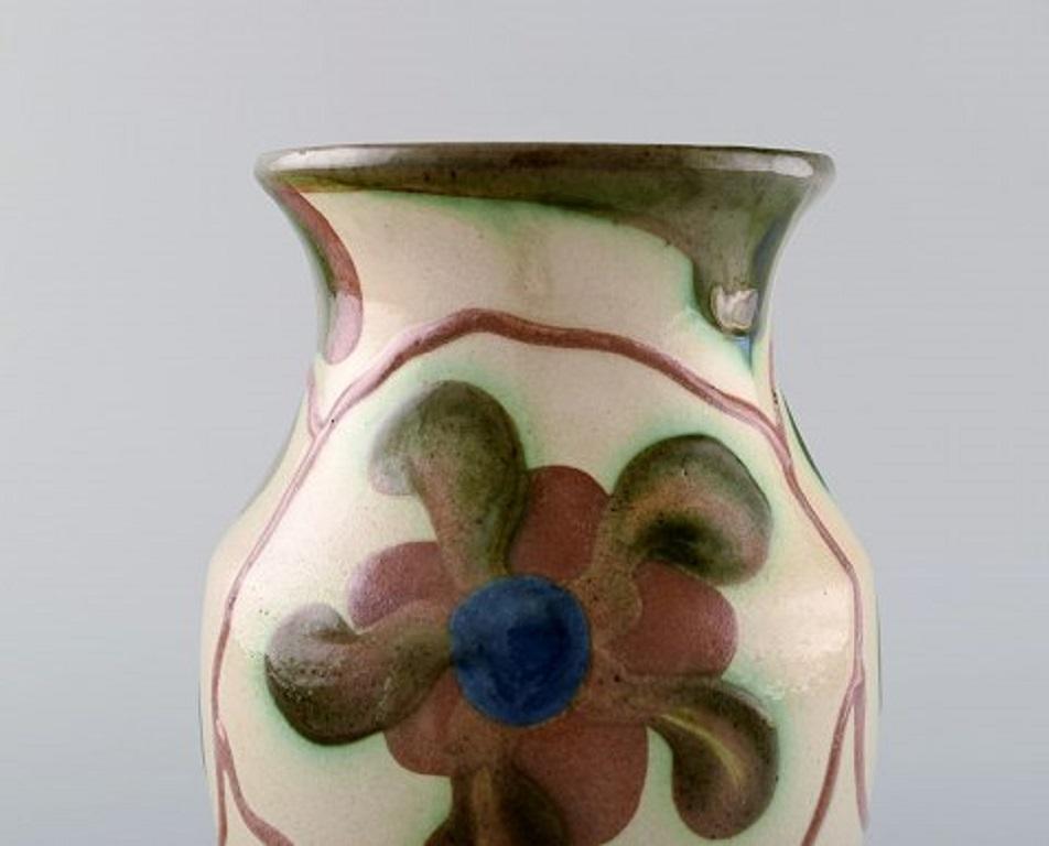 Danish Höganäs, Vase in Glazed Ceramics, Flowers on Light Background, 1940s