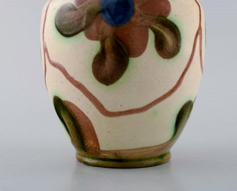 Höganäs, Vase in Glazed Ceramics, Flowers on Light Background, 1940s In Good Condition In Copenhagen, DK