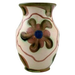 Höganäs, Vase in Glazed Ceramics, Flowers on Light Background, 1940s