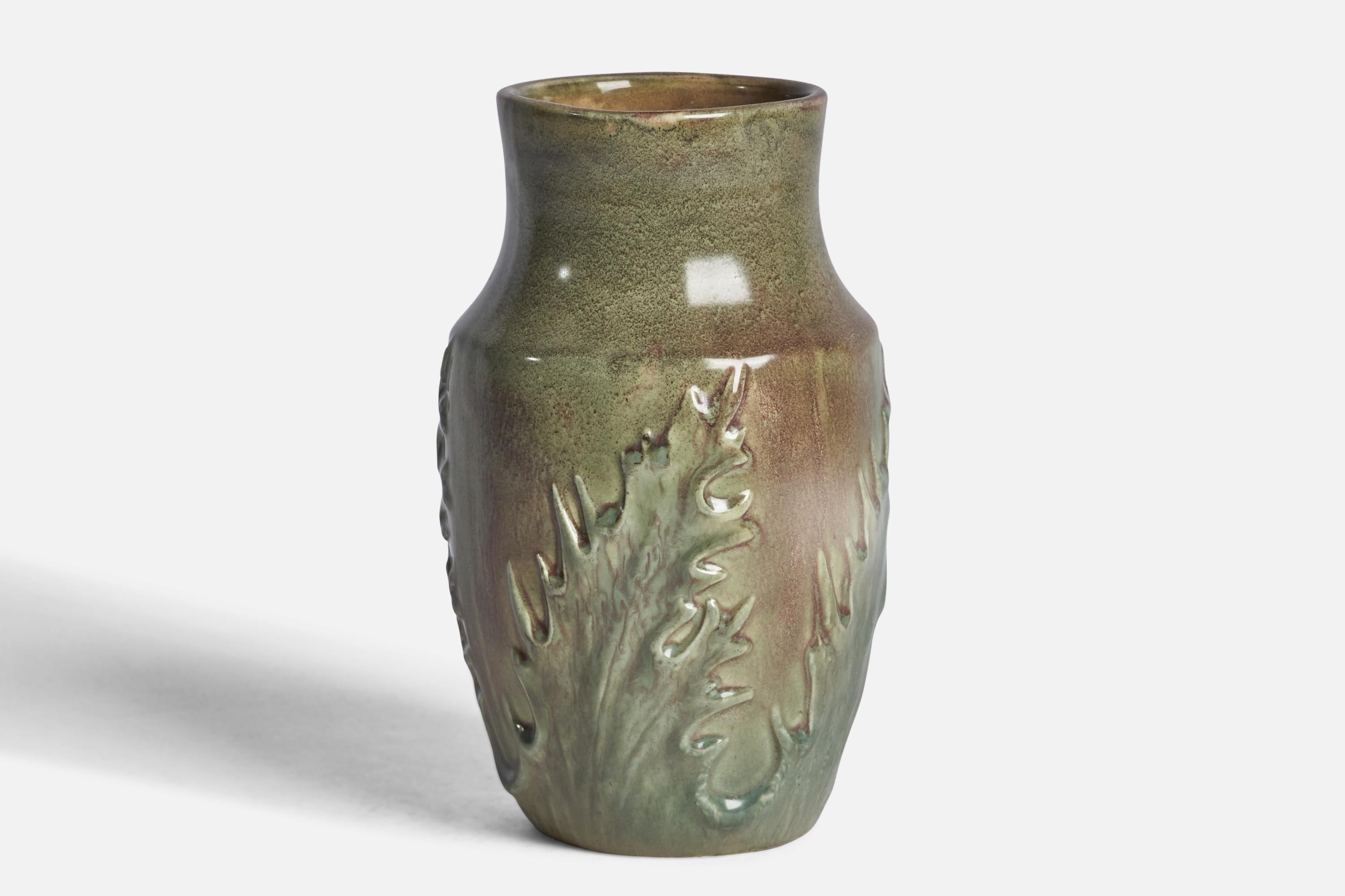 A green and brown-glazed stoneware vase designed and produced by Höganäs, Sweden, c. 1920s.