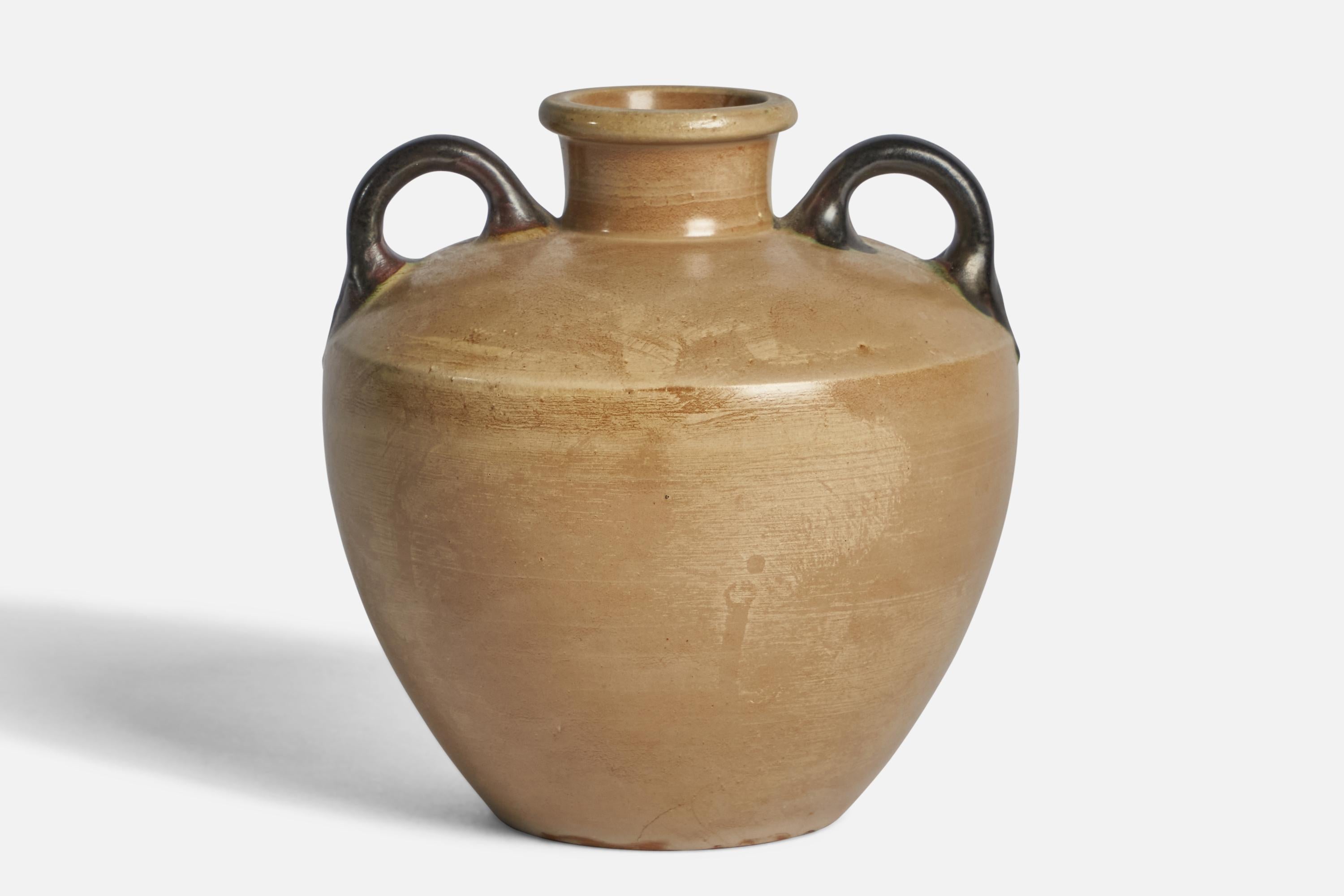 A beige and black-glazed stoneware vase designed and produced by Höganäs Keramik, Sweden, c. 1940s.