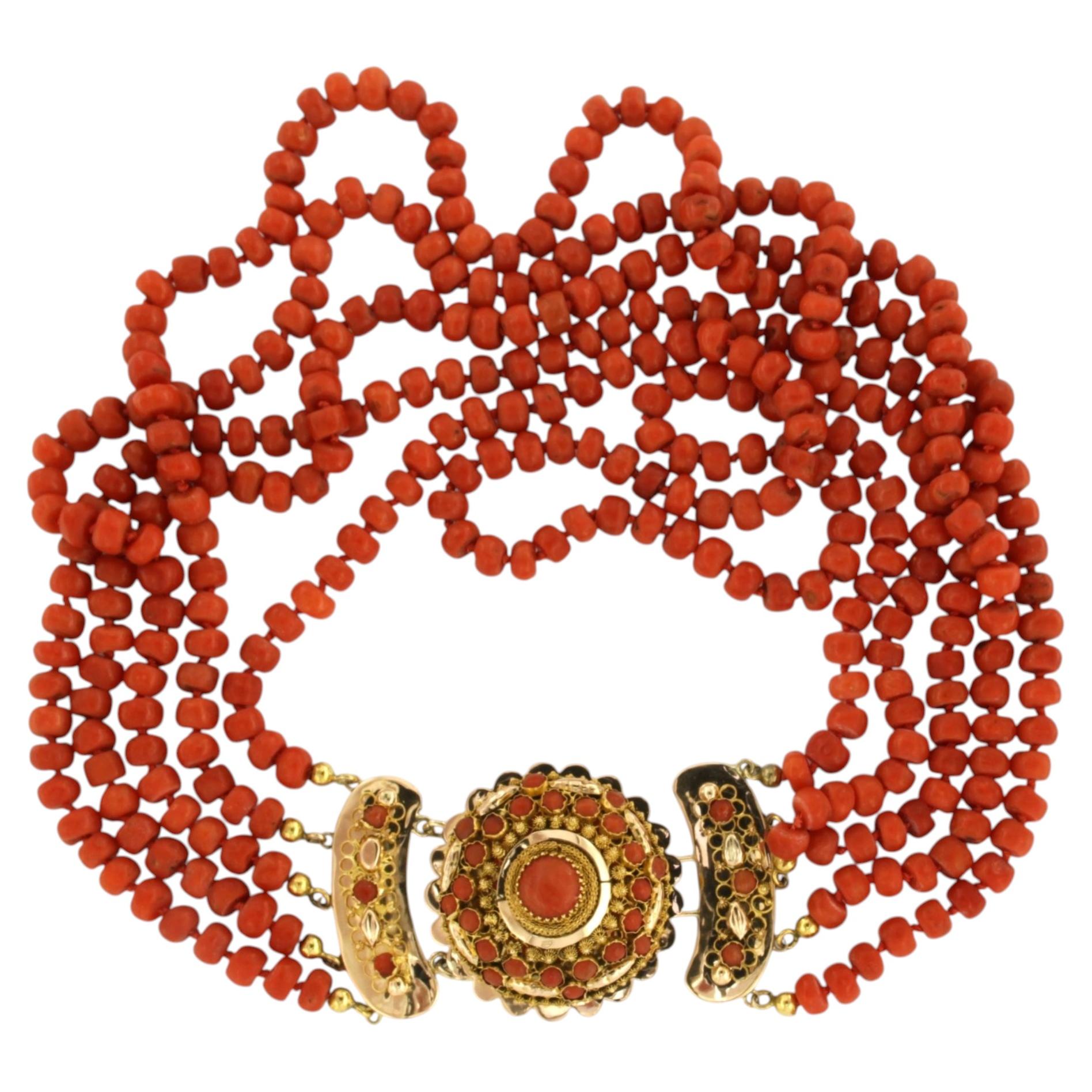 Collana in perline di corallo in stile vittoriano con chiusura in oro 14k, lunga 40 cm, 92,8 grammi