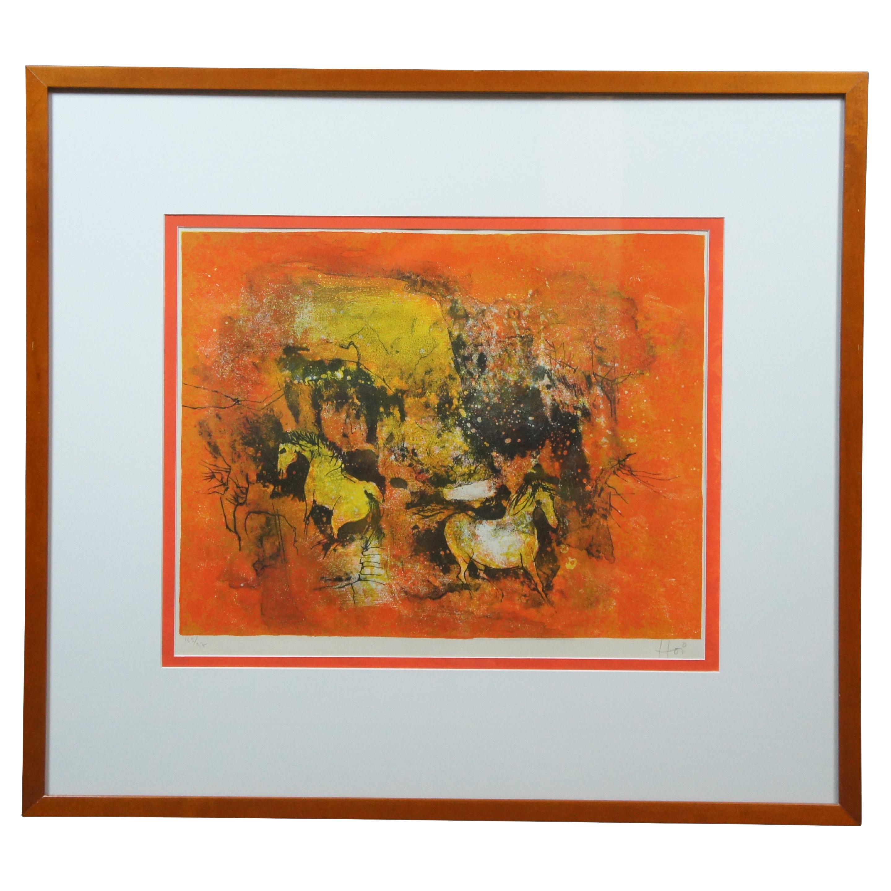 Hoi Lebadang 1960s Abstract Equestrian Pair of Horses Lithograph Print 33" For Sale
