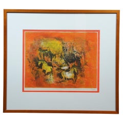 Vintage Hoi Lebadang 1960s Abstract Equestrian Pair of Horses Lithograph Print 33"