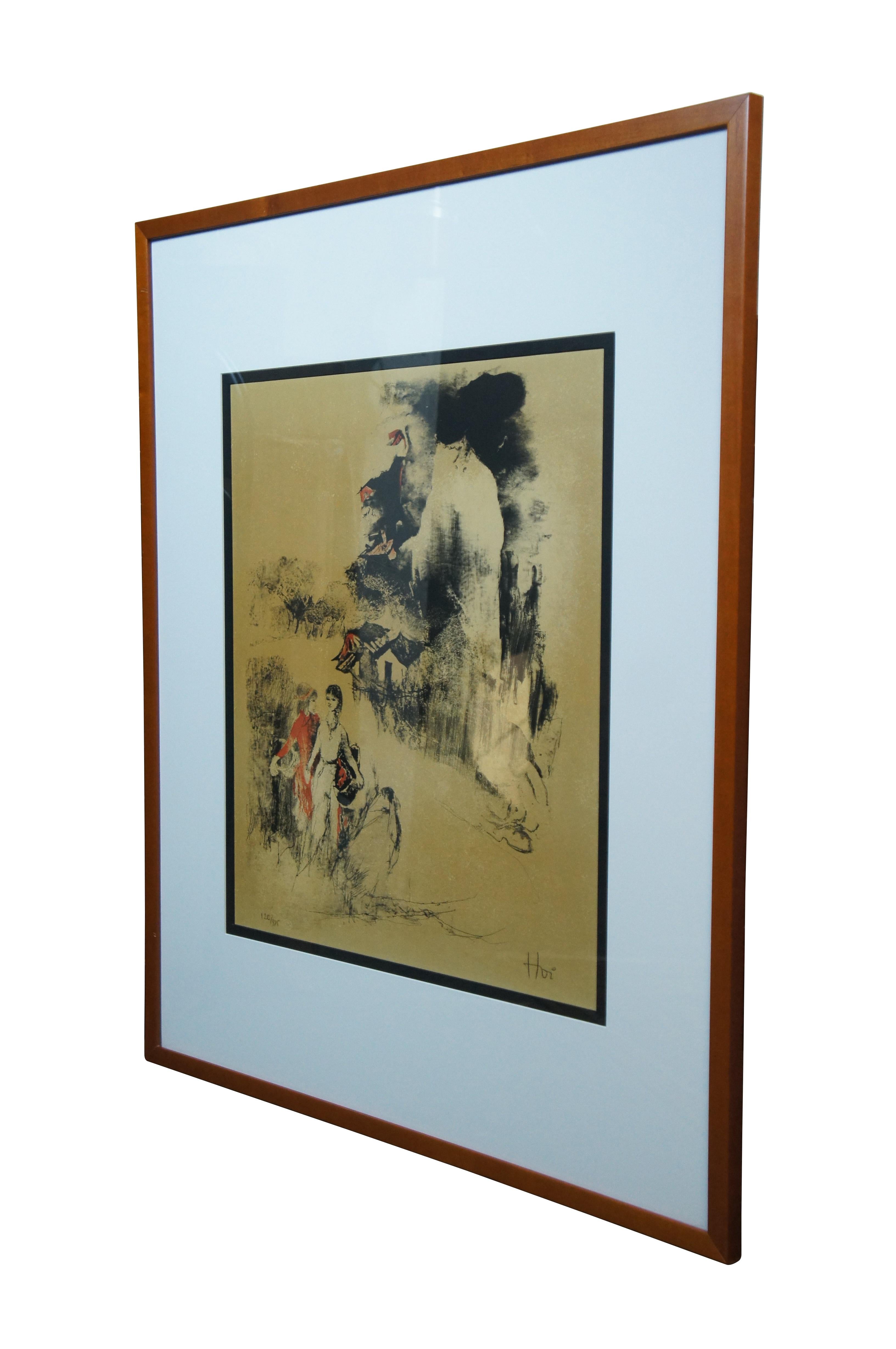 Mid century lithograph print by Hoi Ledabang. Shows a country village landscape at the base of a mountain with a pair of figures carrying baskets in the foreground, done in black and red on golden paper. Signed Hoi (lower right) and numbered 120/325