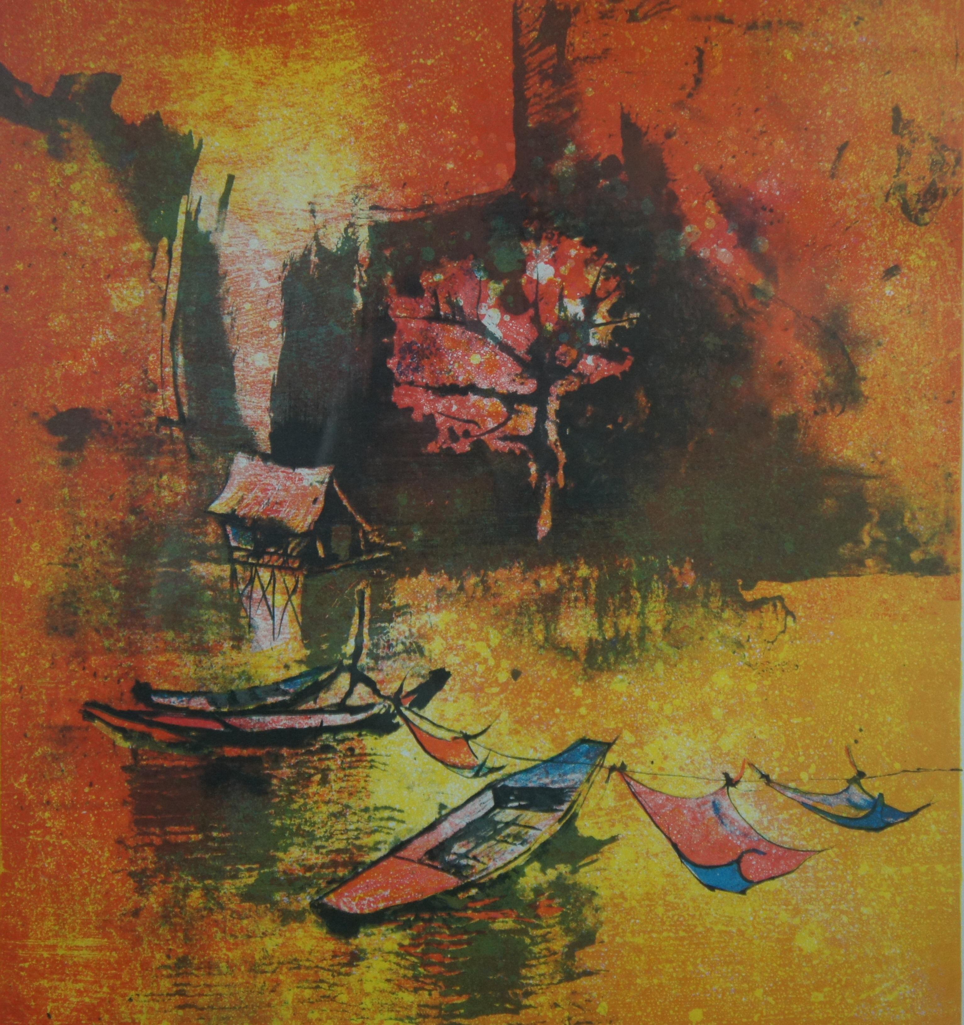 Hoi Lebadang 1962 Boats Clothesline Seascape Landscape Lithograph Print 33