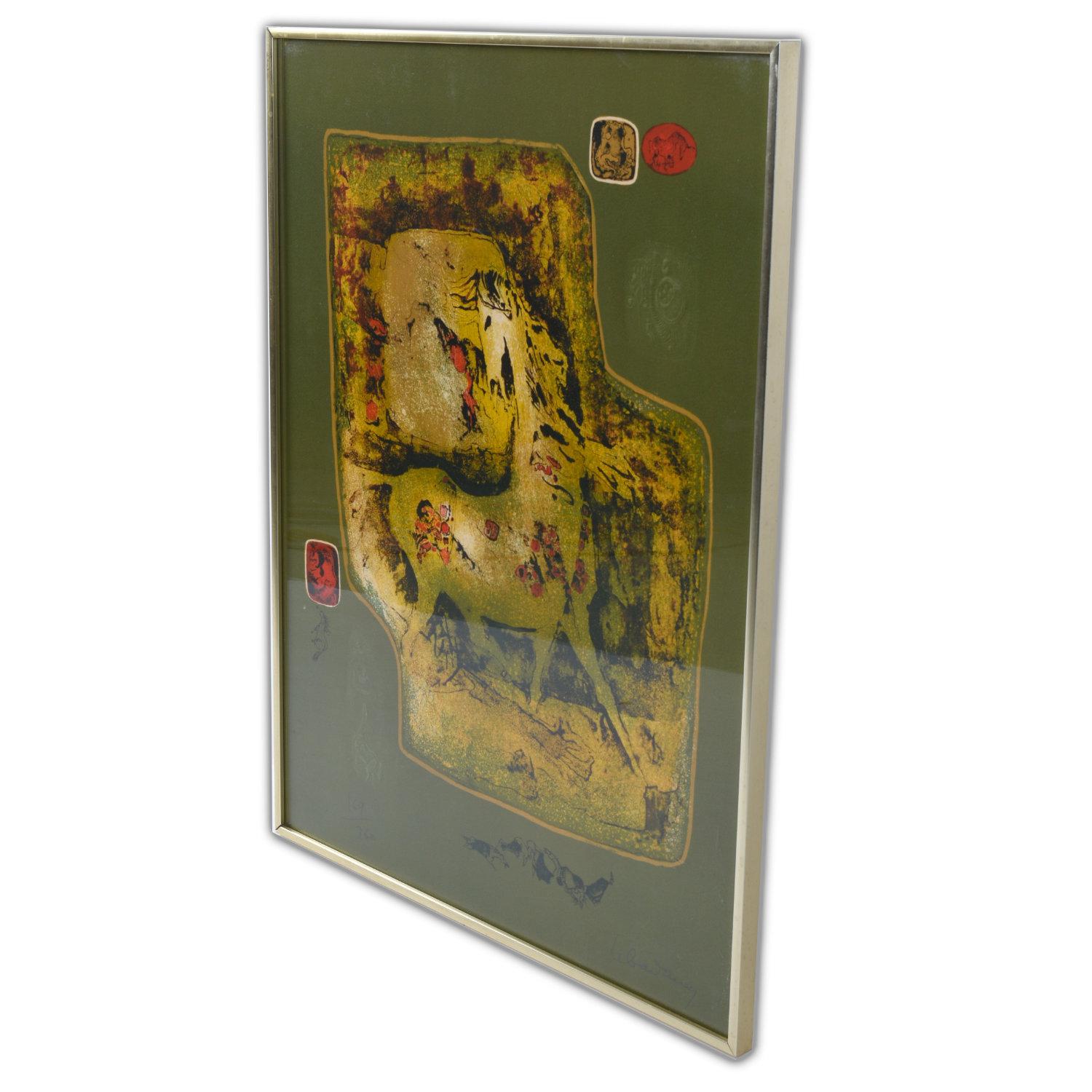 Pencil signed, limited edition Hoi Lebadang horse lithograph. The framed litho features Lebadang’s hallmark embossed medallions in the upper right and lower left corners. A single horse takes center stage in a field of golden yellow. Smaller