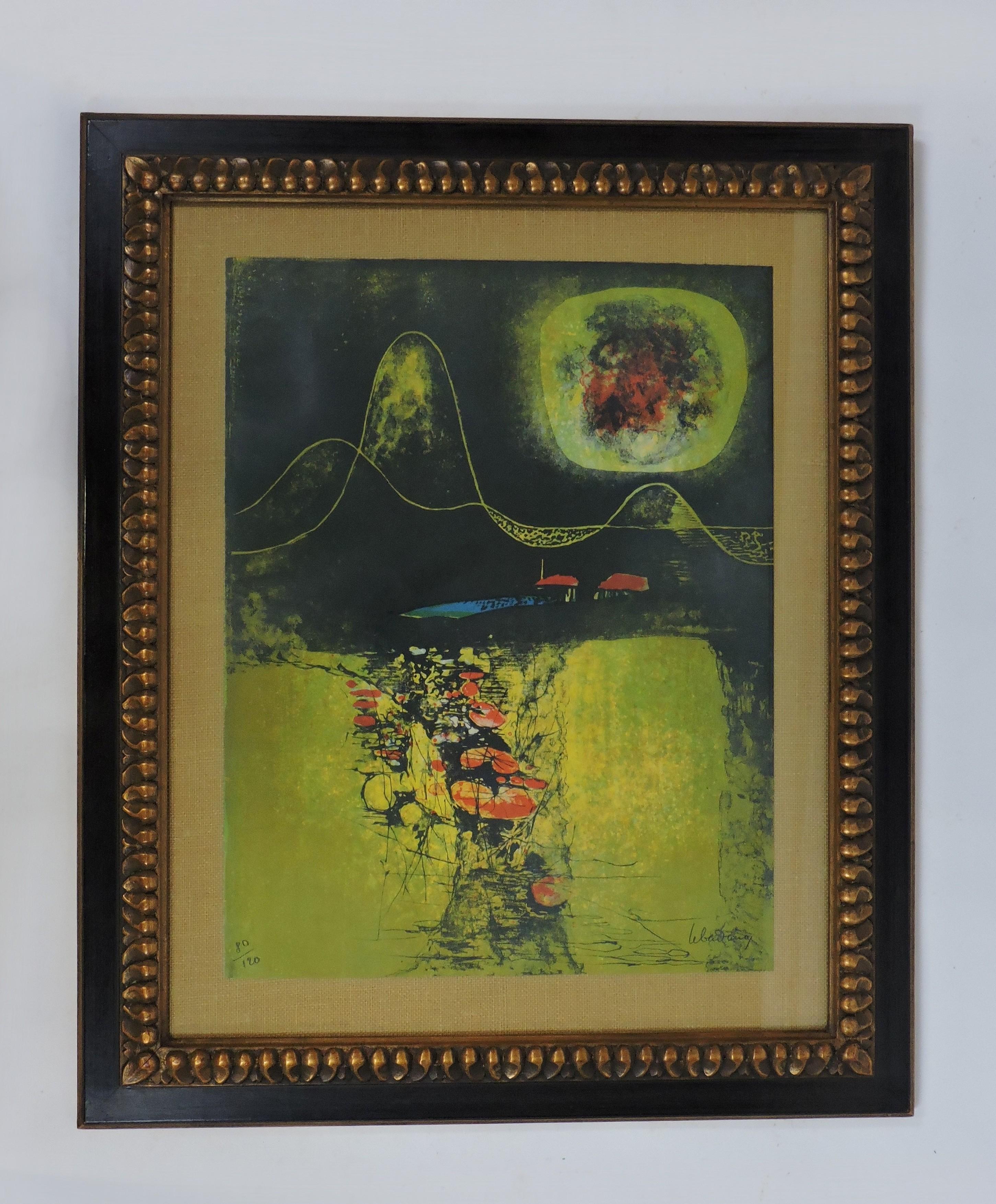 Hoi Lebadang Lithograph Abstracted Landscape with Moon, Mountains, Water Lillies 3