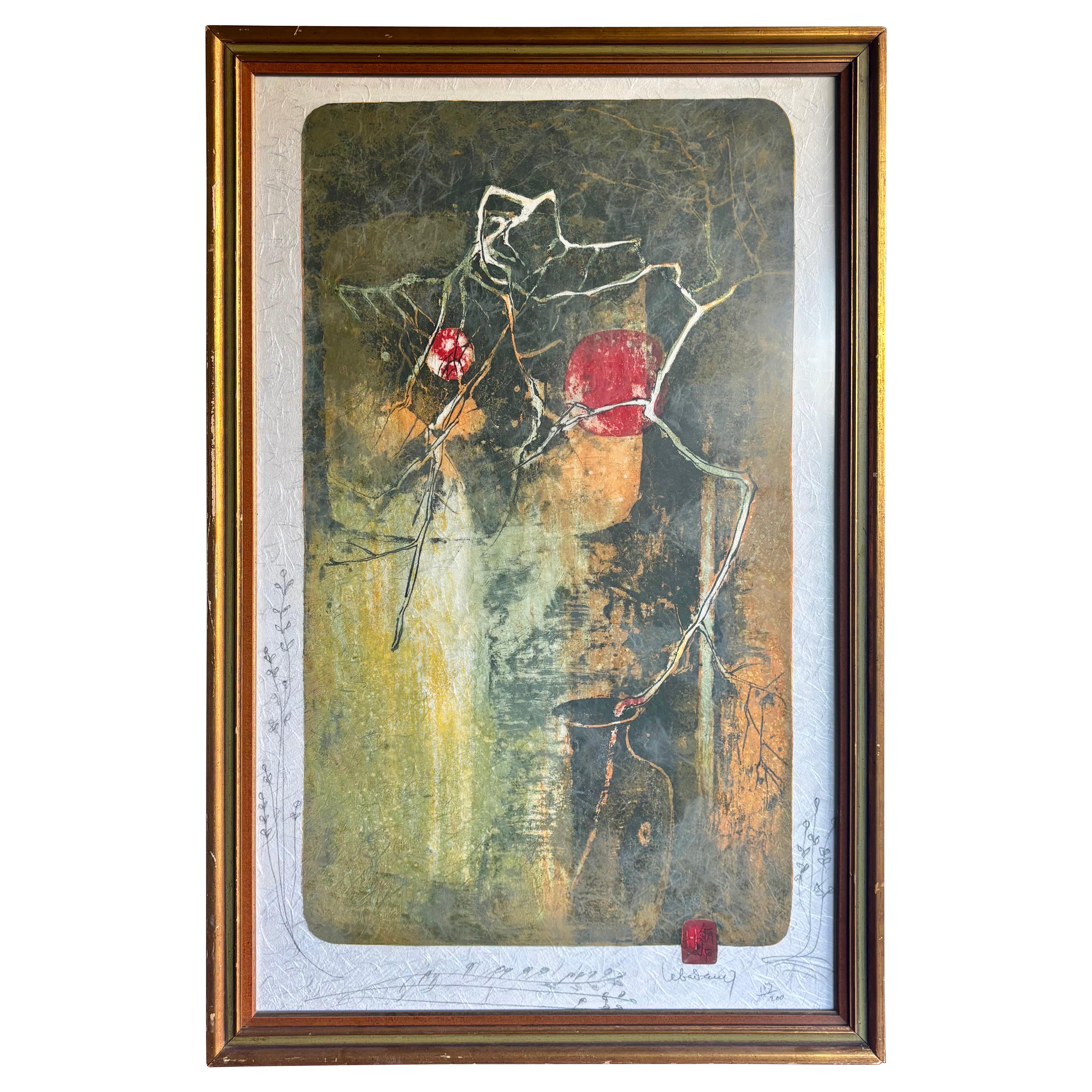 Hoi Lebadang Lithograph on Woven Paper - Tree with Two Red Suns For Sale