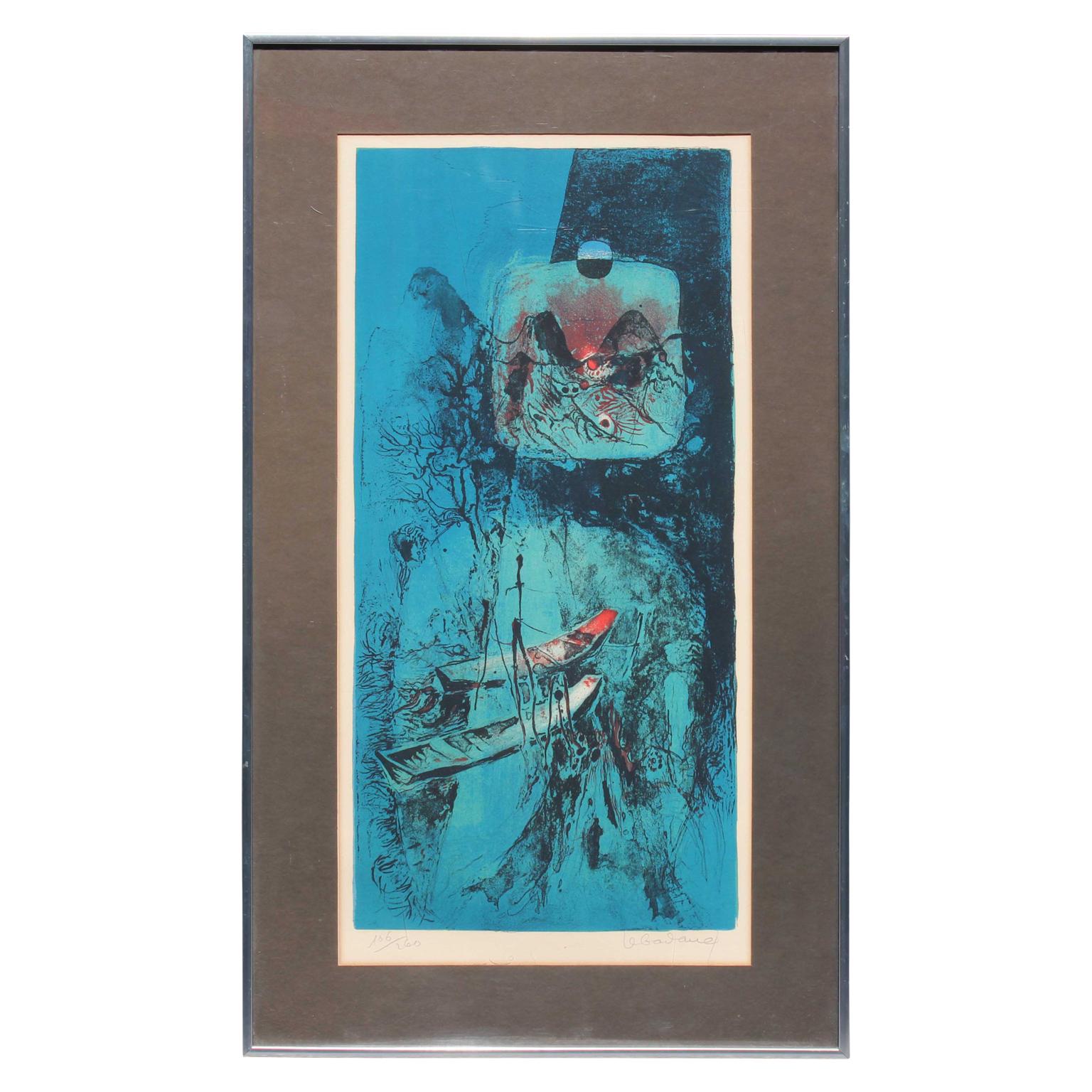 Hoi Lebadang Abstract Print - Blue Figurative Surrealist Abstract Lithograph Edition 106 of 260