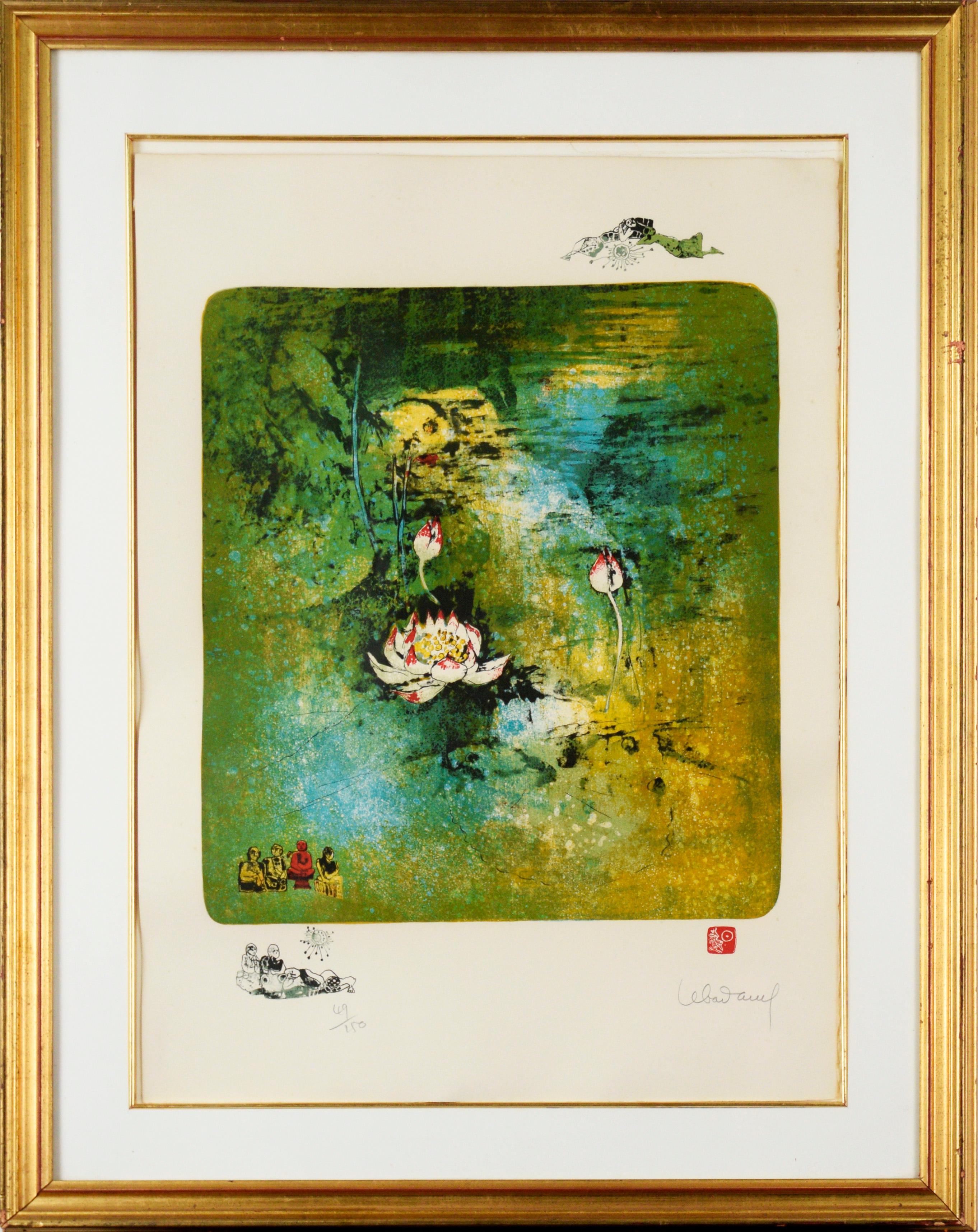 Hoi Lebadang Landscape Painting - White Lotus Lithograph