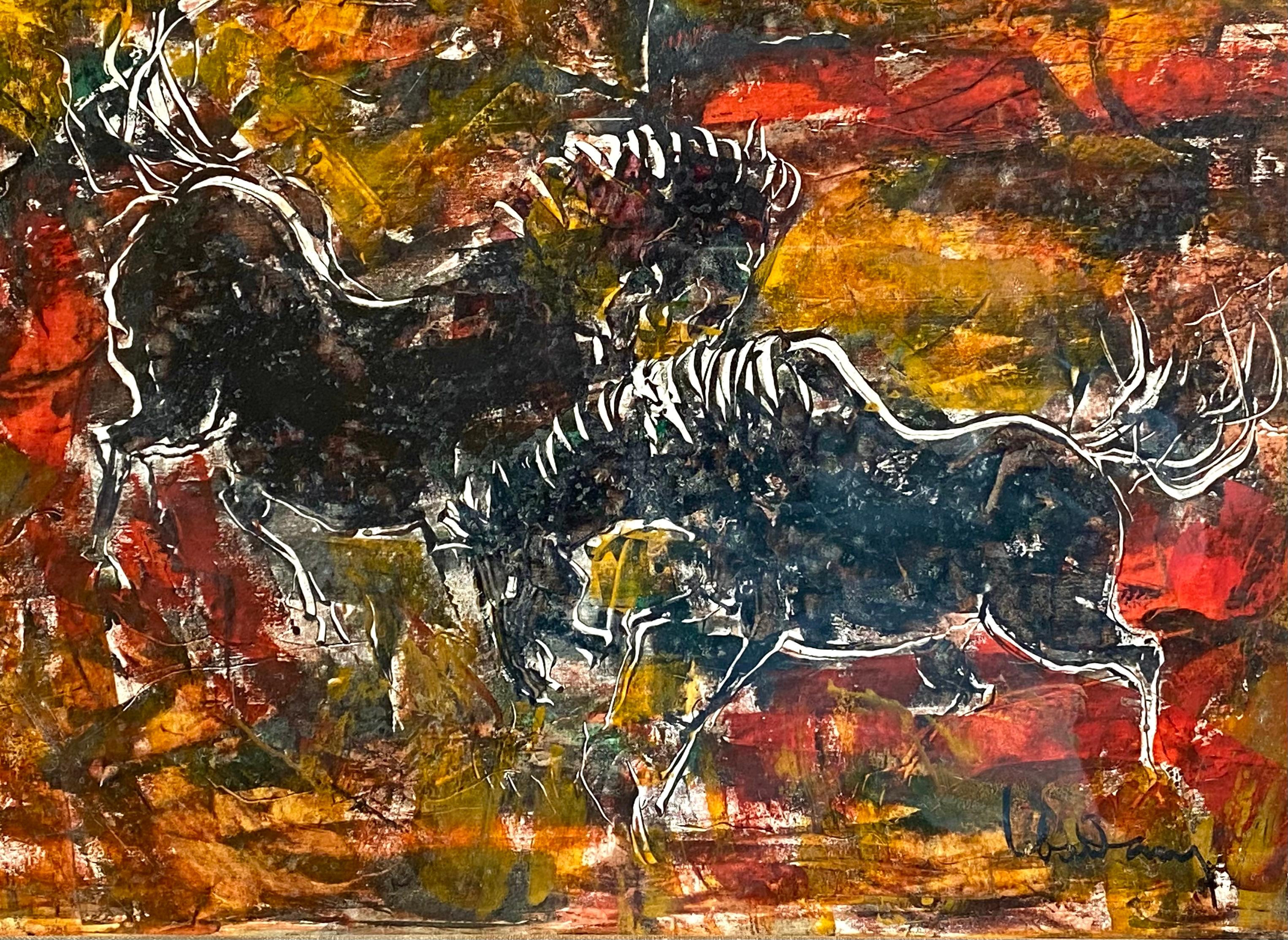 Original oil painting on archival paper by the renowned Vietnamese and French artist, Hoi Lebadang of two wild horses.  Signed lower right by the artist.  Condition is excellent. Circa 1960. The artwork is housed in its original Heydenryk washed