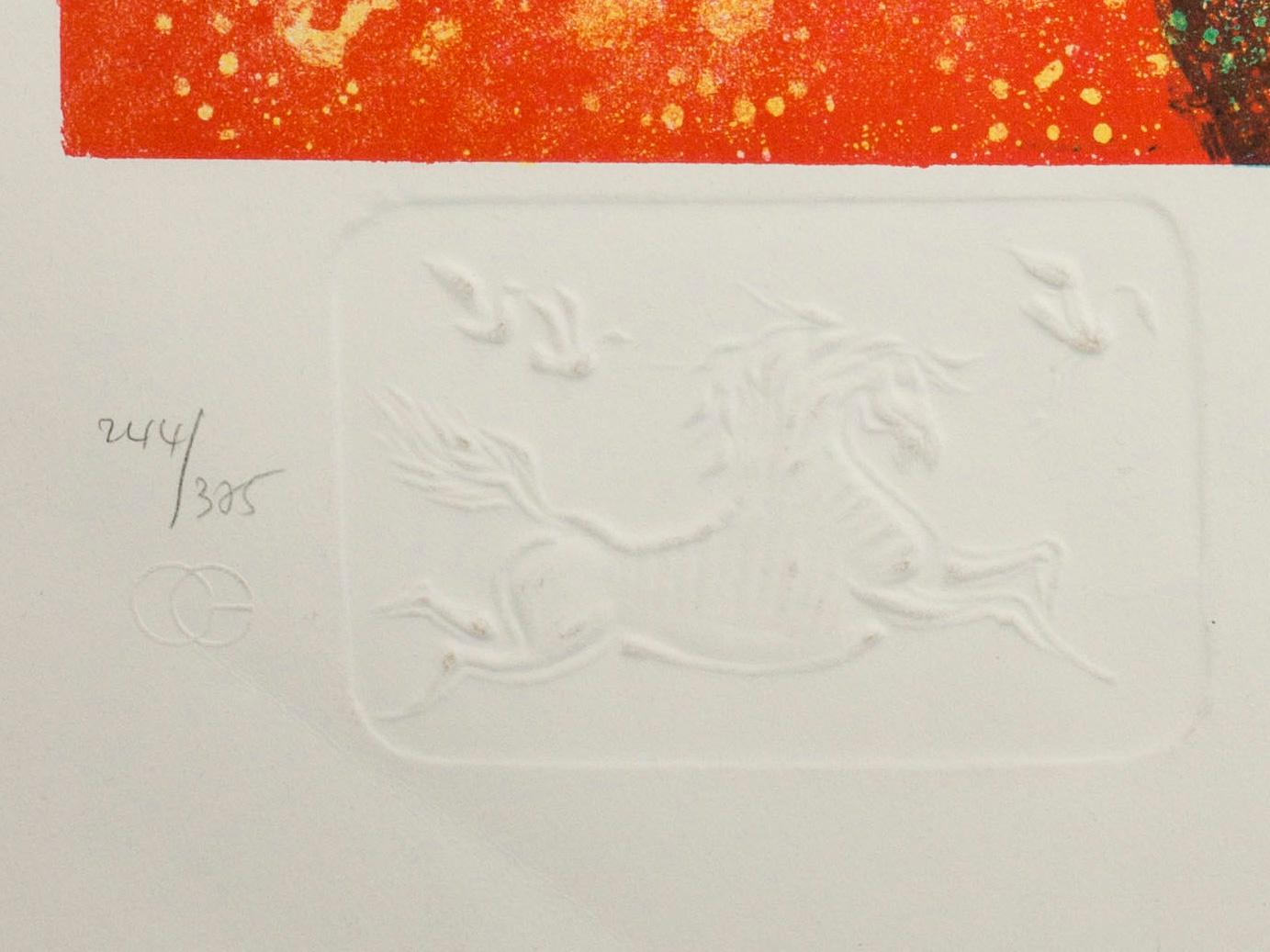 La figure centrale d'un cheval bondissant est suspendue dans un champ de couleurs abstrait ; des couches diaphanes de noir, de vert, de jaune et de rouge vif révèlent des touches d'arbres, d'herbe et de ciel dans cette lithographie signée et