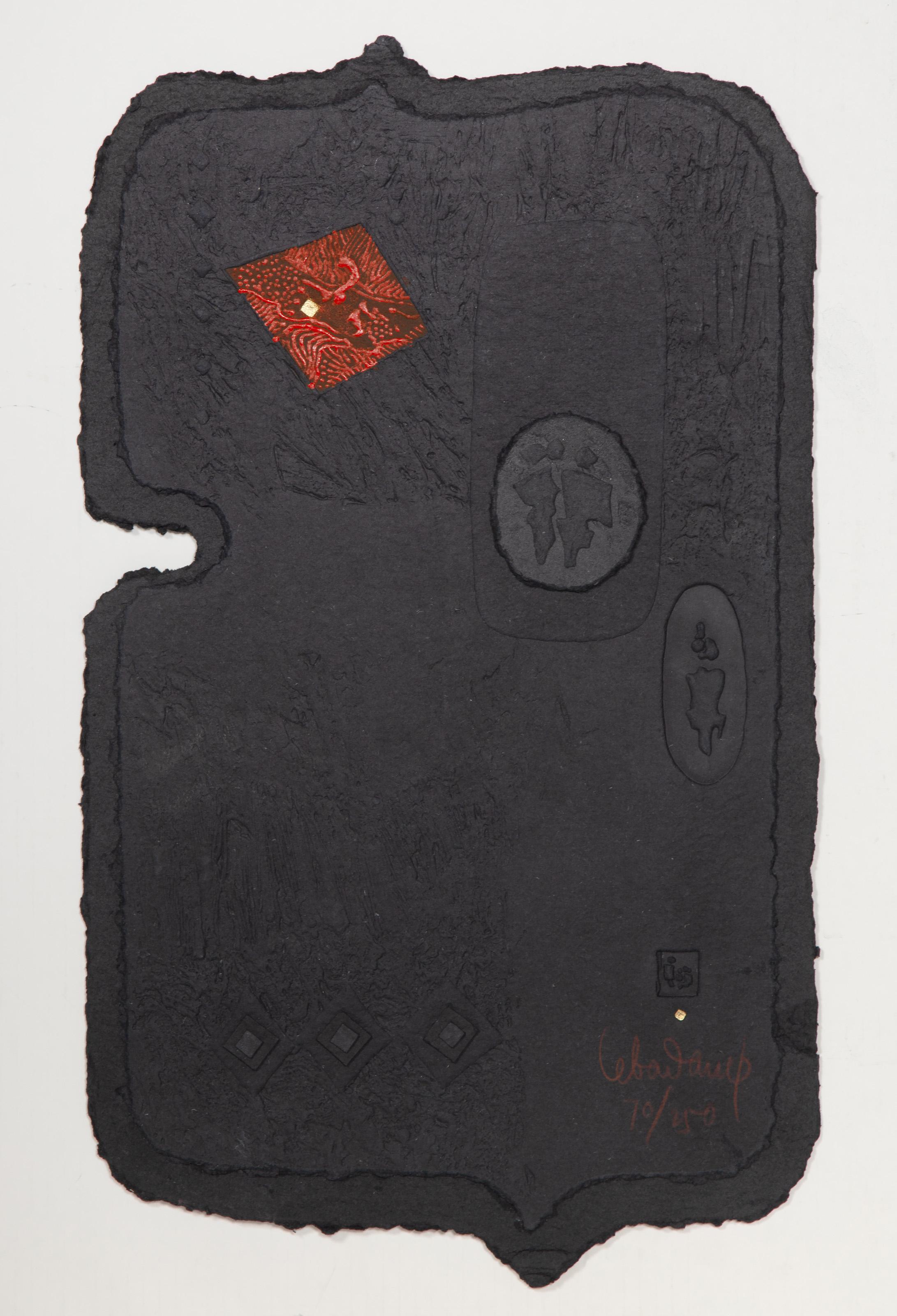 Lebadang (aka Hoi), Vietnamese (1922 - 2015) -  Abstract Relief. Year: 1986, Medium: Cast Paper and Gold Leaf signed and numbered in color pencil, Edition: 70/250, Size: 22.5 x 14.5 in. (57.15 x 36.83 cm), Publisher: C.F.A Corp 