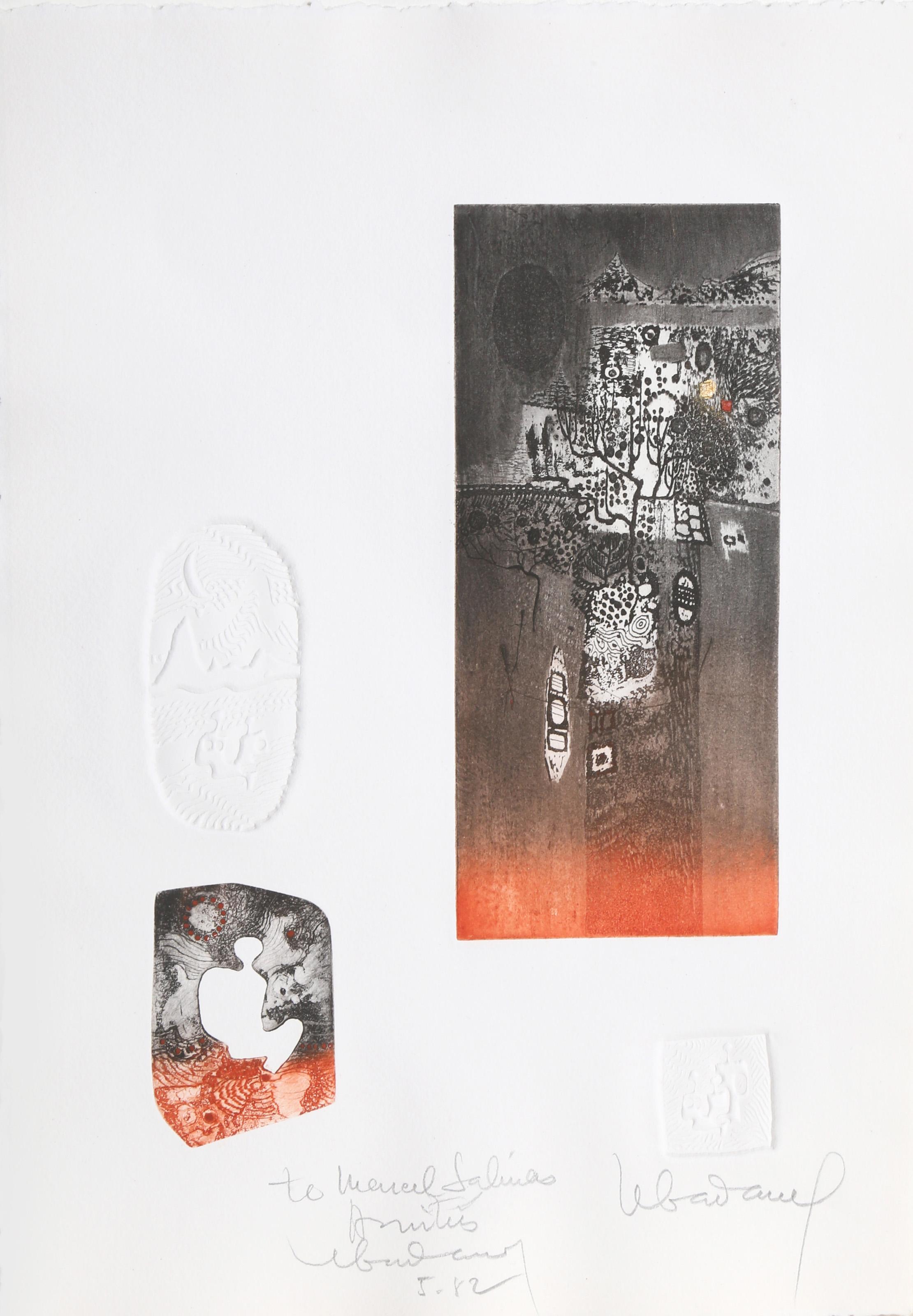 Lebadang (aka Hoi), Vietnamese (1922 - 2015) -  Abstract Shadows. Year: 1982, Medium: Etching with Relief, signed in pencil, Edition: EA, Size: 14  x 10 in. (35.56  x 25.4 cm) 