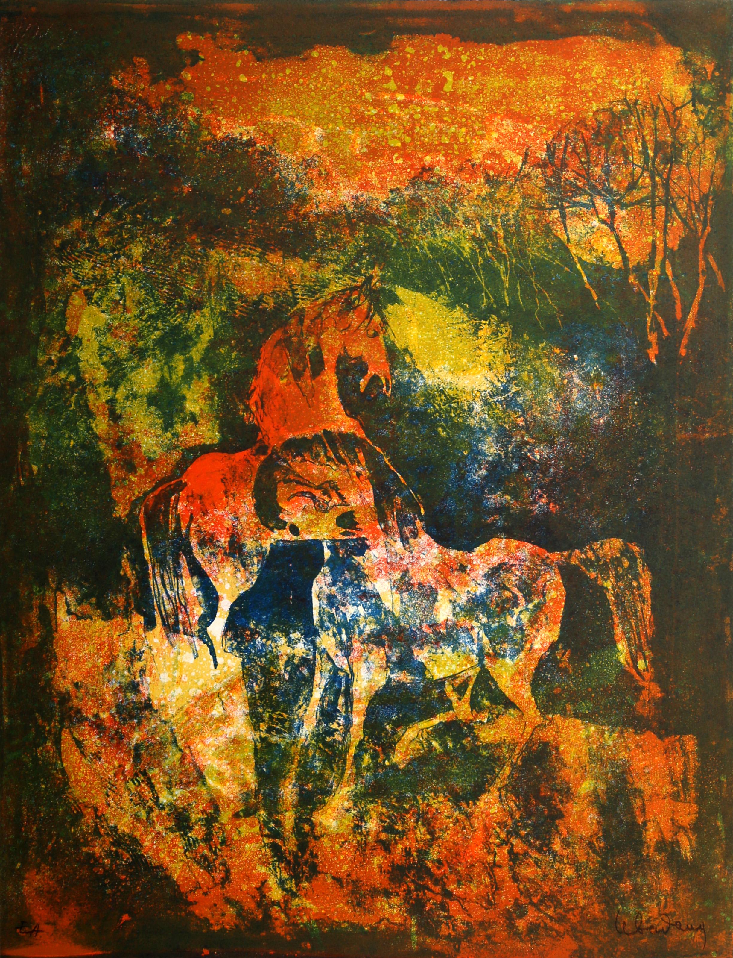 Lebadang (aka Hoi), Vietnamese (1922 - 2015) -  Battle Between Horses 3. Medium: Lithograph, signed and numbered in pencil, Edition: E.A., Size: 25.5 x 19.5 in. (64.77 x 49.53 cm), Description: Lebadang was a Vietnam-born French artist whose work