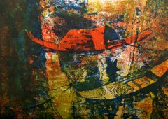 Boats by the Shore, Signed Abstract Expressionist Lithograph by Hoi Lebadang
