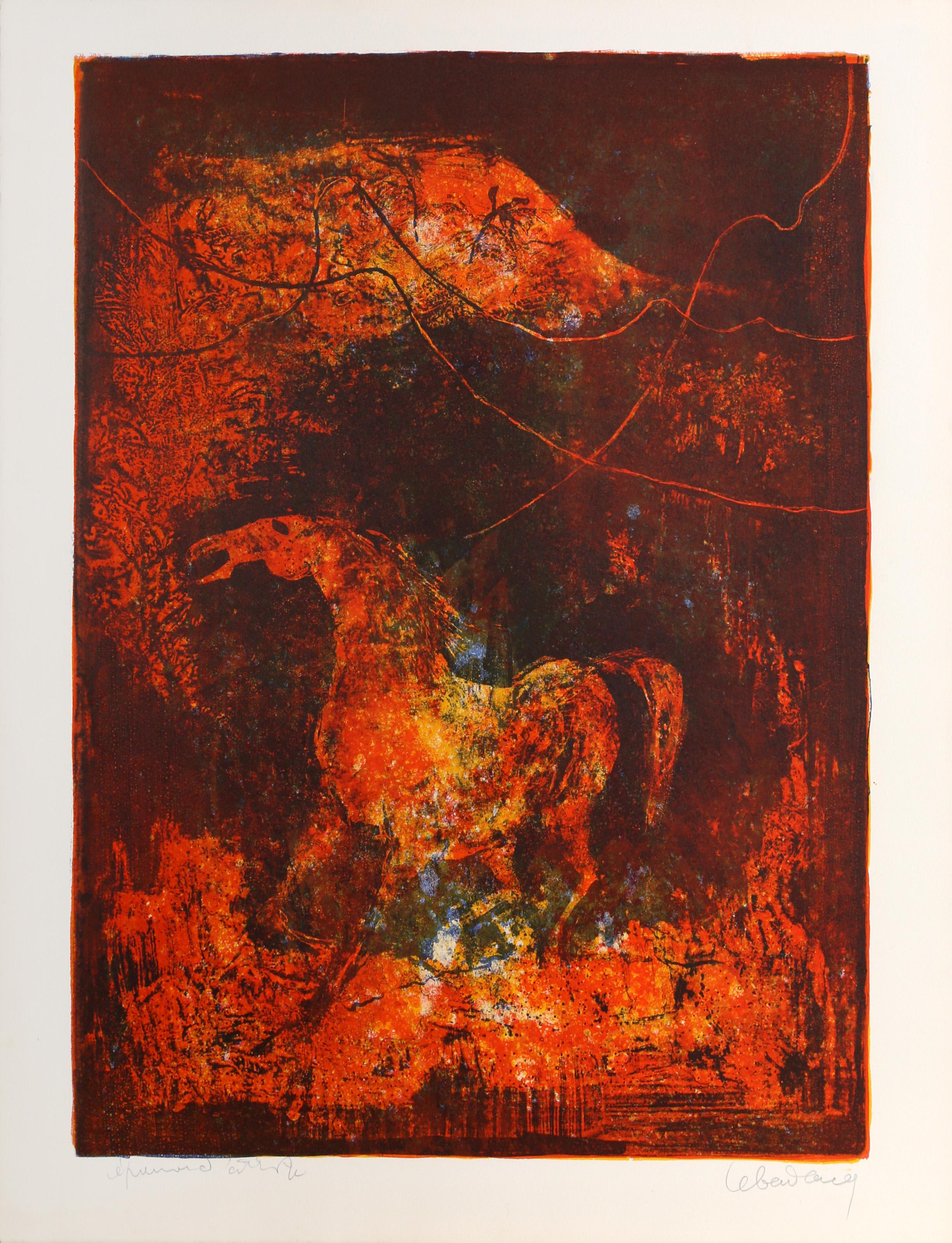 Lebadang (aka Hoi), Vietnamese (1922 - 2015) -  Burning Stallion. Medium: Lithograph, signed and numbered in pencil, Edition: E.A., Image Size: 22.75 x 16 inches, Size: 25.5 x 19.5 in. (64.77 x 49.53 cm), Description: Lebadang was a Vietnam-born