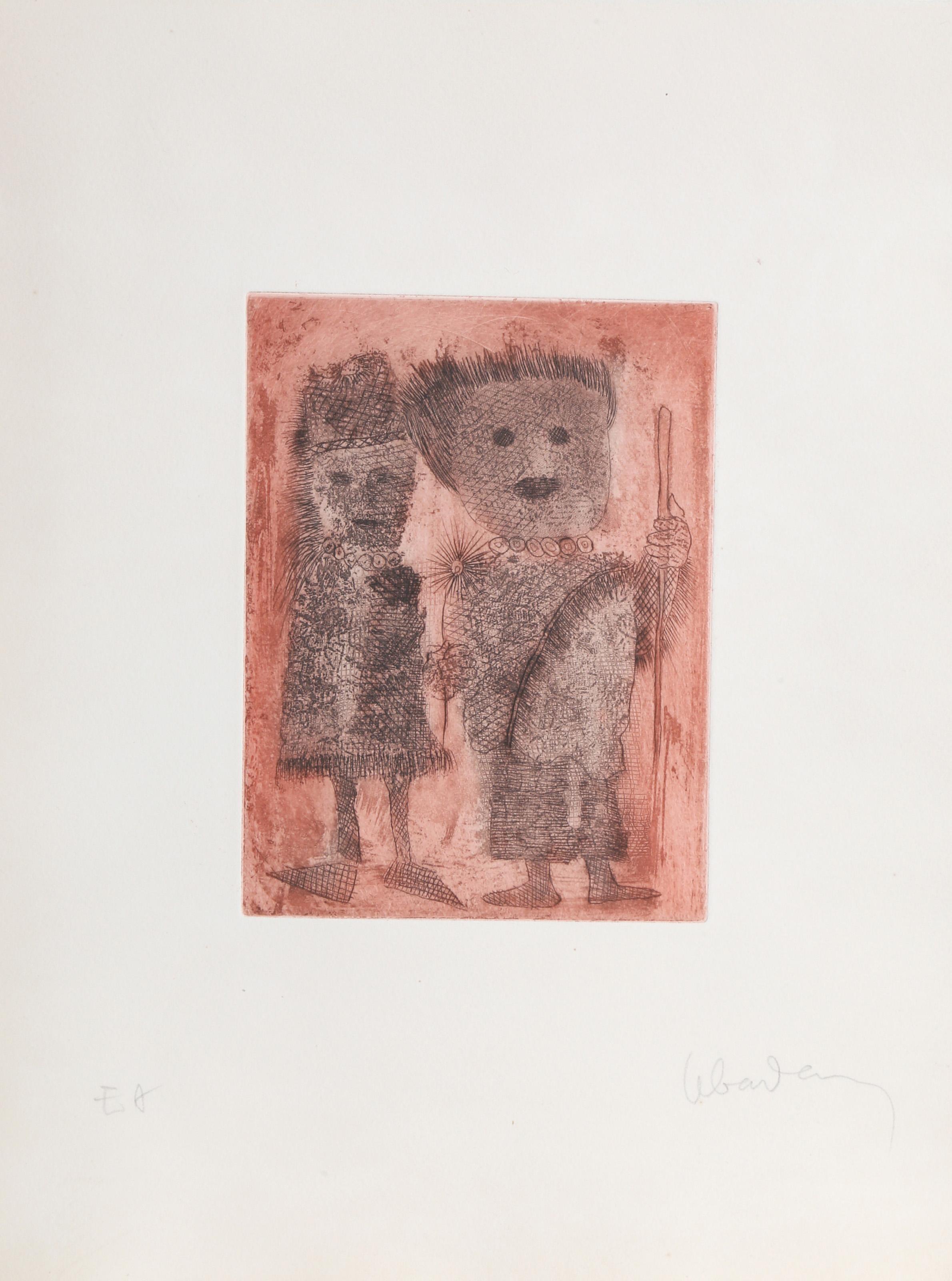 Lebadang (aka Hoi), Vietnamese (1922 - 2015) -  Couple Greeting with Flower (Red). Year: 1982, Medium: Etching with Relief, signed in pencil, Edition: EA, Size: 13  x 10 in. (33.02  x 25.4 cm) 