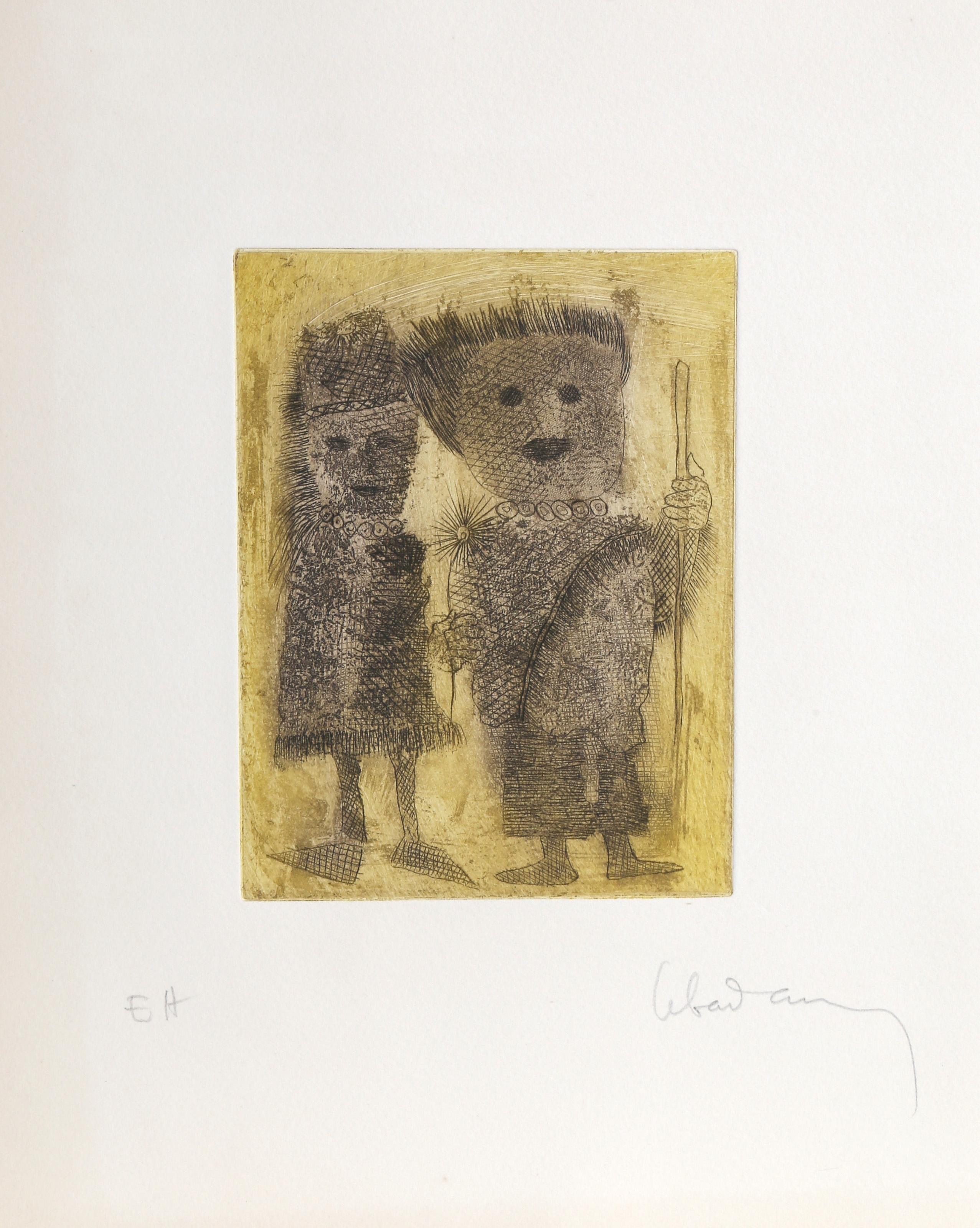 Lebadang (aka Hoi), Vietnamese (1922 - 2015) -  Couple Greeting with Flower (Yellow). Year: 1982, Medium: Etching with Relief, signed in pencil, Edition: EA, Size: 13  x 10 in. (33.02  x 25.4 cm) 