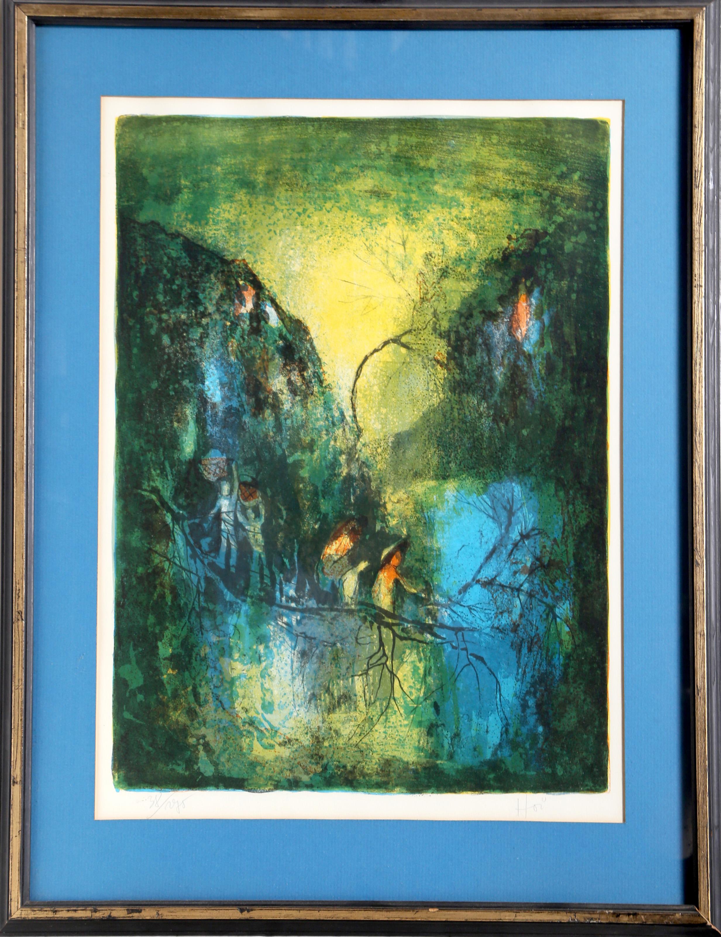 Lebadang (aka Hoi), Vietnamese (1922 - 2015) -  Crossing Bridge. Year: circa 1970, Medium: Lithograph, signed Hoi and numbered in pencil, Edition: 38/250, Image Size: 21.25 x 16 inches, Frame Size: 29.5 x 24 inches 