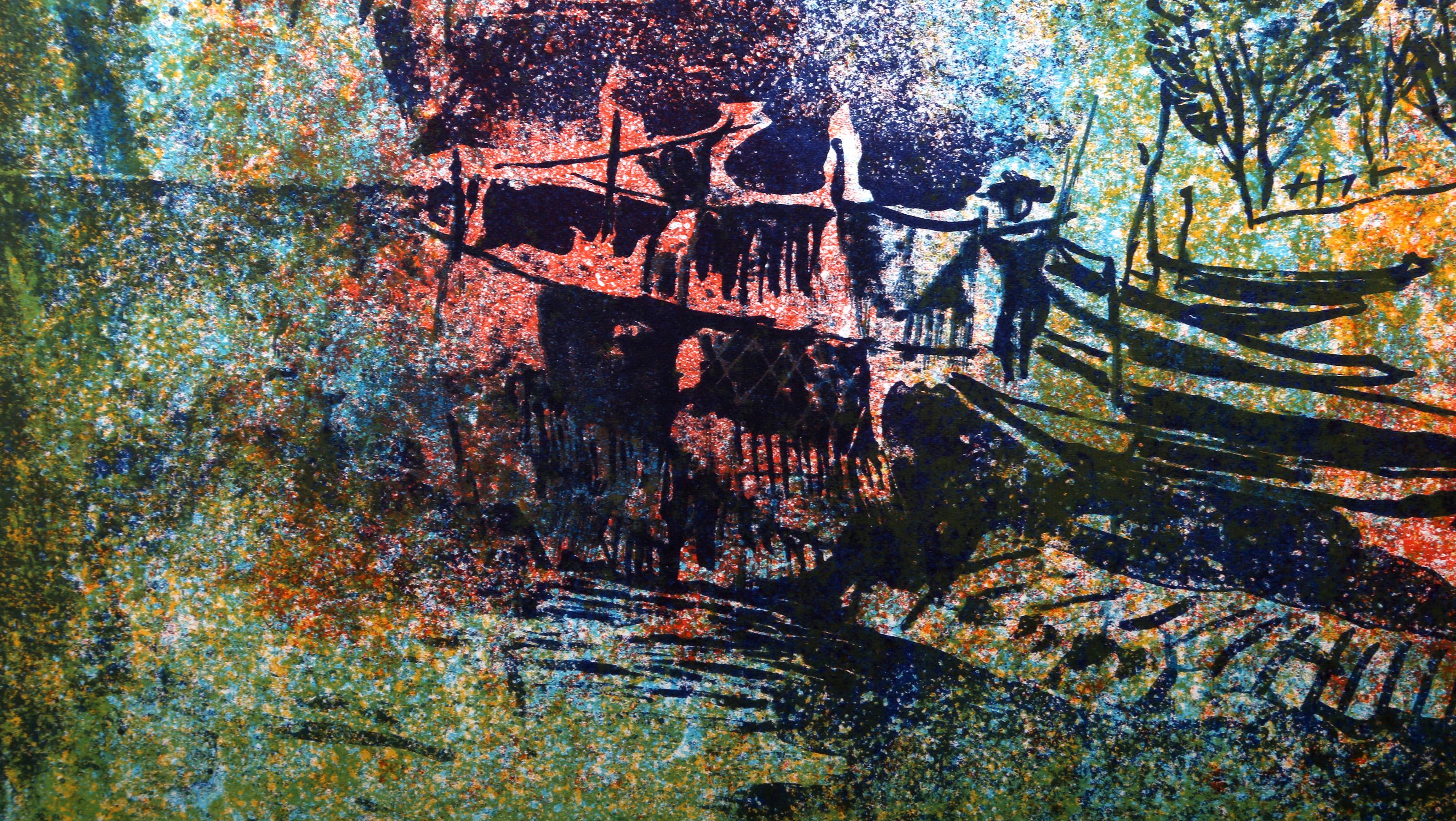 Docked Boats 5, Abstract Expressionist Lithograph by Hoi Lebadang For Sale 1