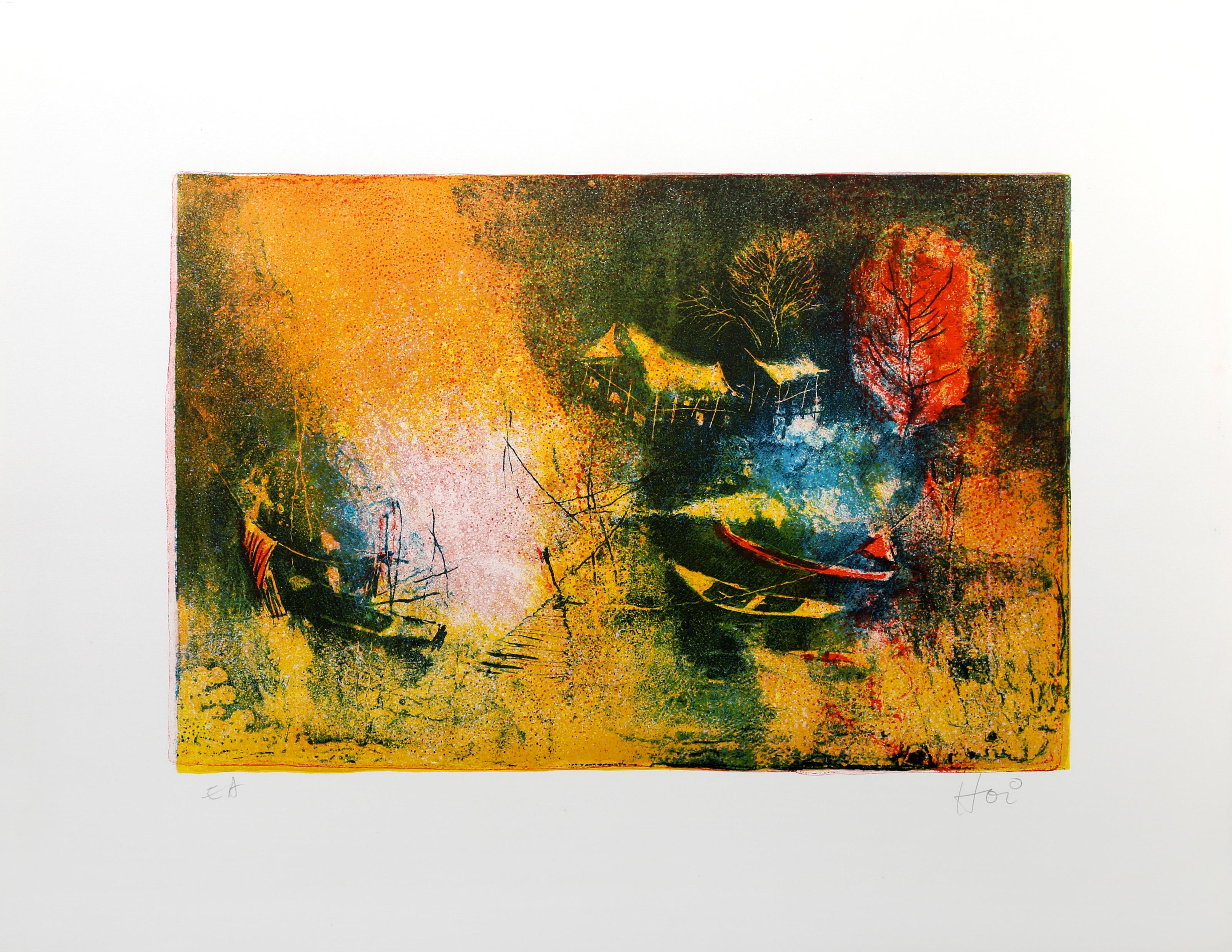 Lebadang (alias Hoi), Vietnamien (1922 - 2015) -  Bateaux à quai. Support : Lithographie sur Rives BFK : Lithographie sur Rives BFK, signée "Hoi" et numérotée au crayon, Édition : E.A., Taille de l'image : 12.5 x 18.5 pouces, Taille : 19.5 x 25.5