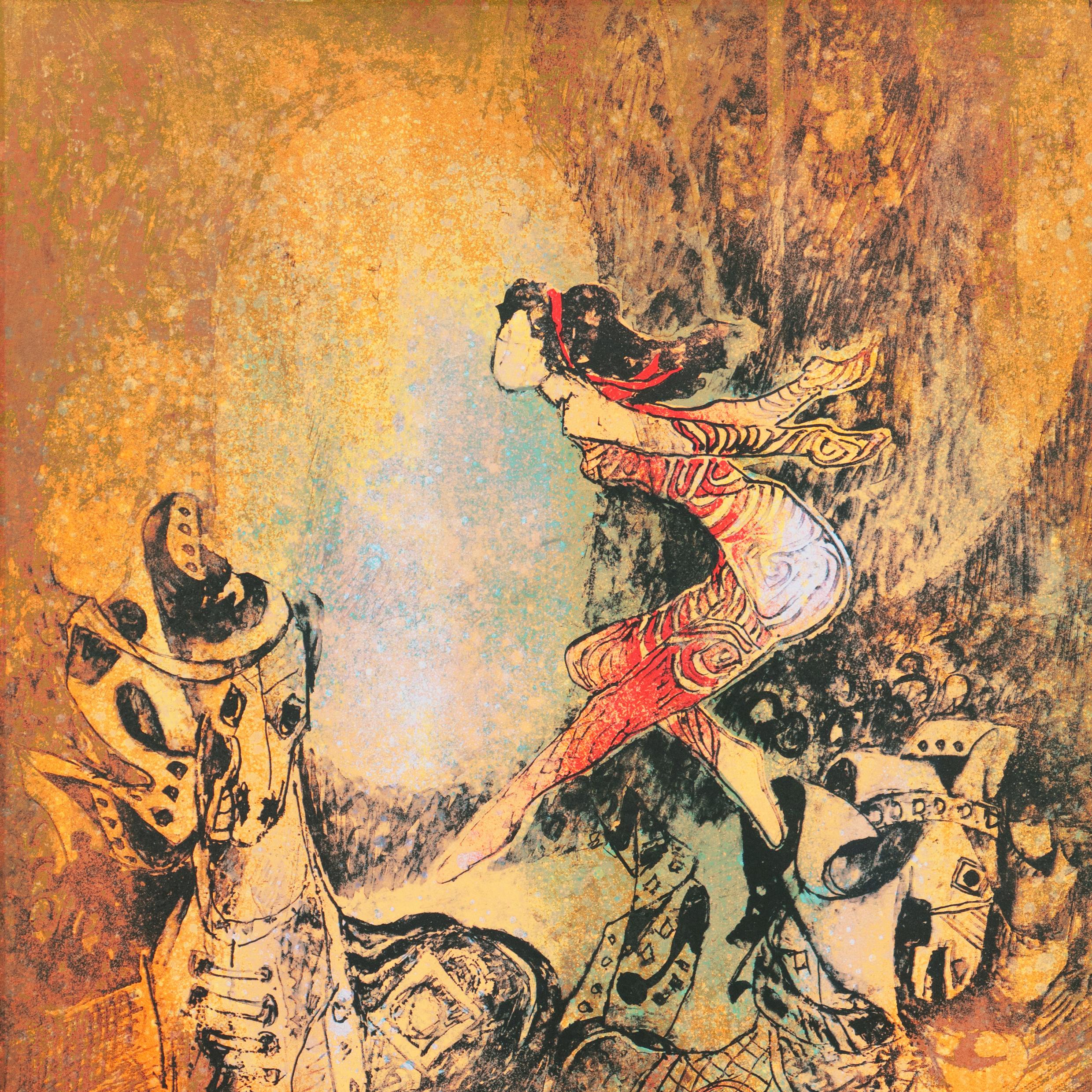 'Equestrian Actress', Modernism, Circus, Vietnamese, French, Horse, Acrobats - Orange Animal Print by Hoi Lebadang