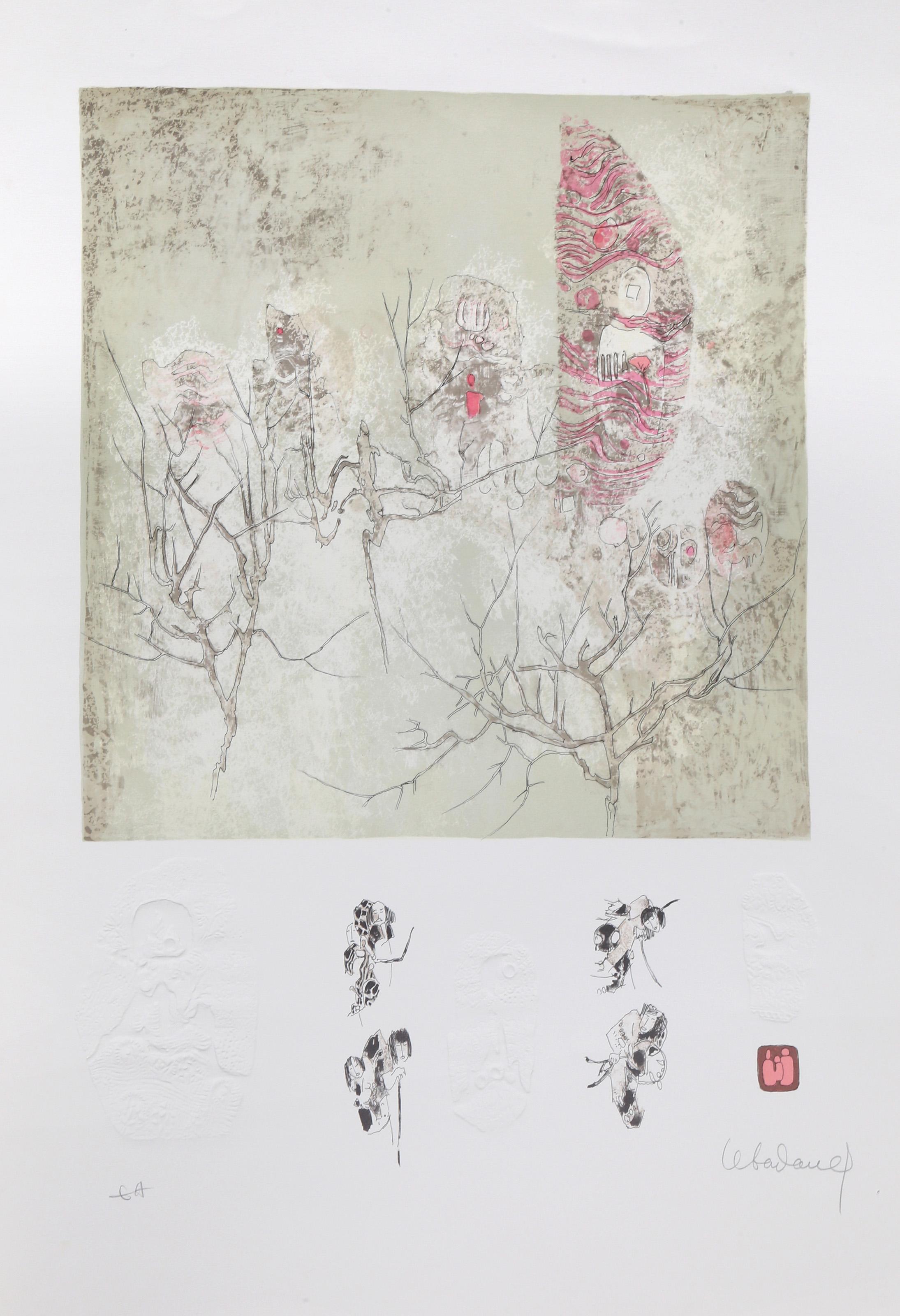 Lebadang (aka Hoi), Vietnamese (1922 - 2015) -  Figures in Trees. Year: circa 1970, Medium: Etching with Relief, signed in pencil, Edition: EA, Size: 34.5  x 25 in. (87.63  x 63.5 cm) 
