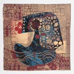 Floral Design in Blue and Gold, Screenprint by Lebadang