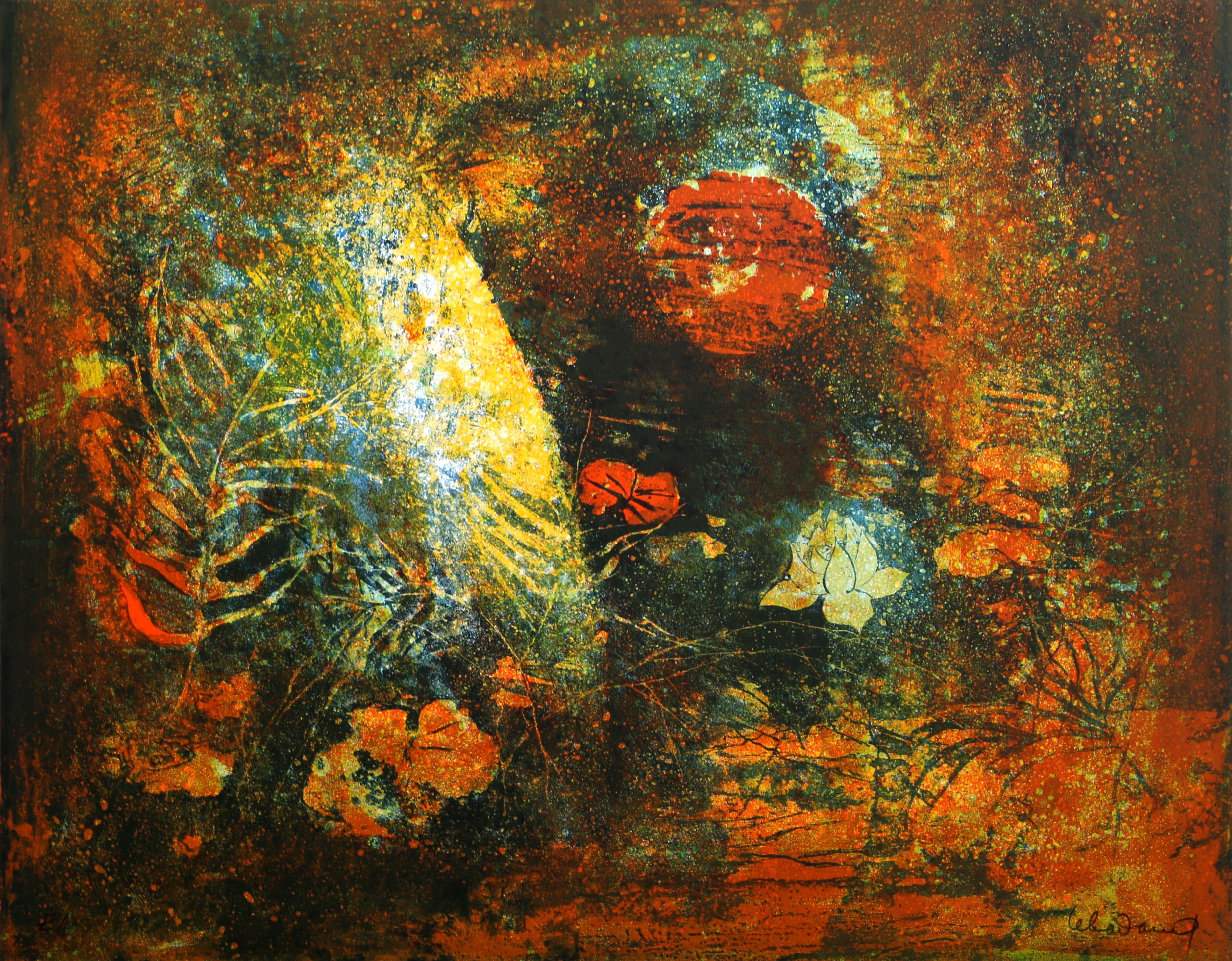 Hoi Lebadang Still-Life Print - Flowers in the Moonlight, Lithograph by Lebadang