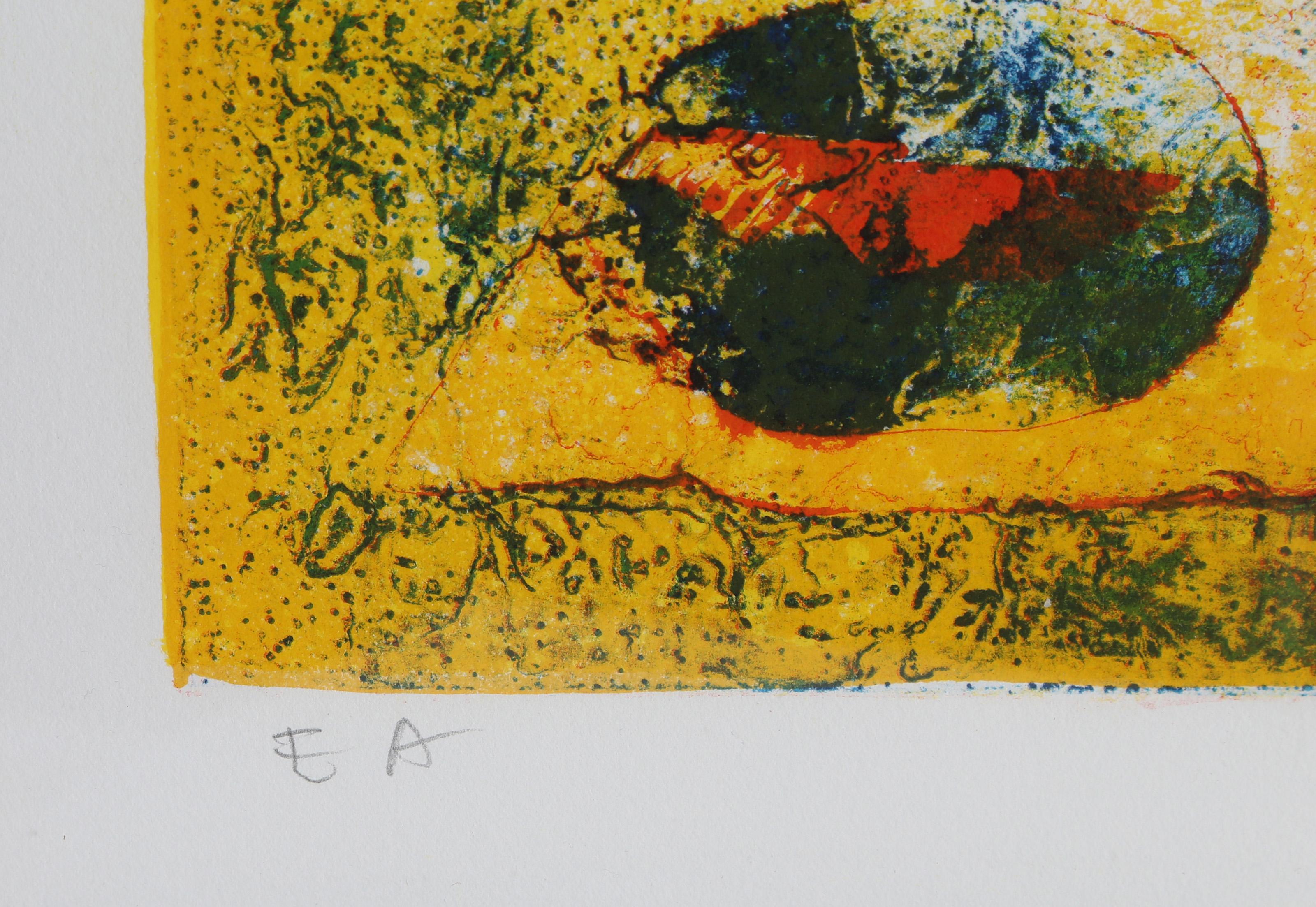Flowers on Table, Framed Abstract Lithograph by Hoi Lebadang For Sale 1
