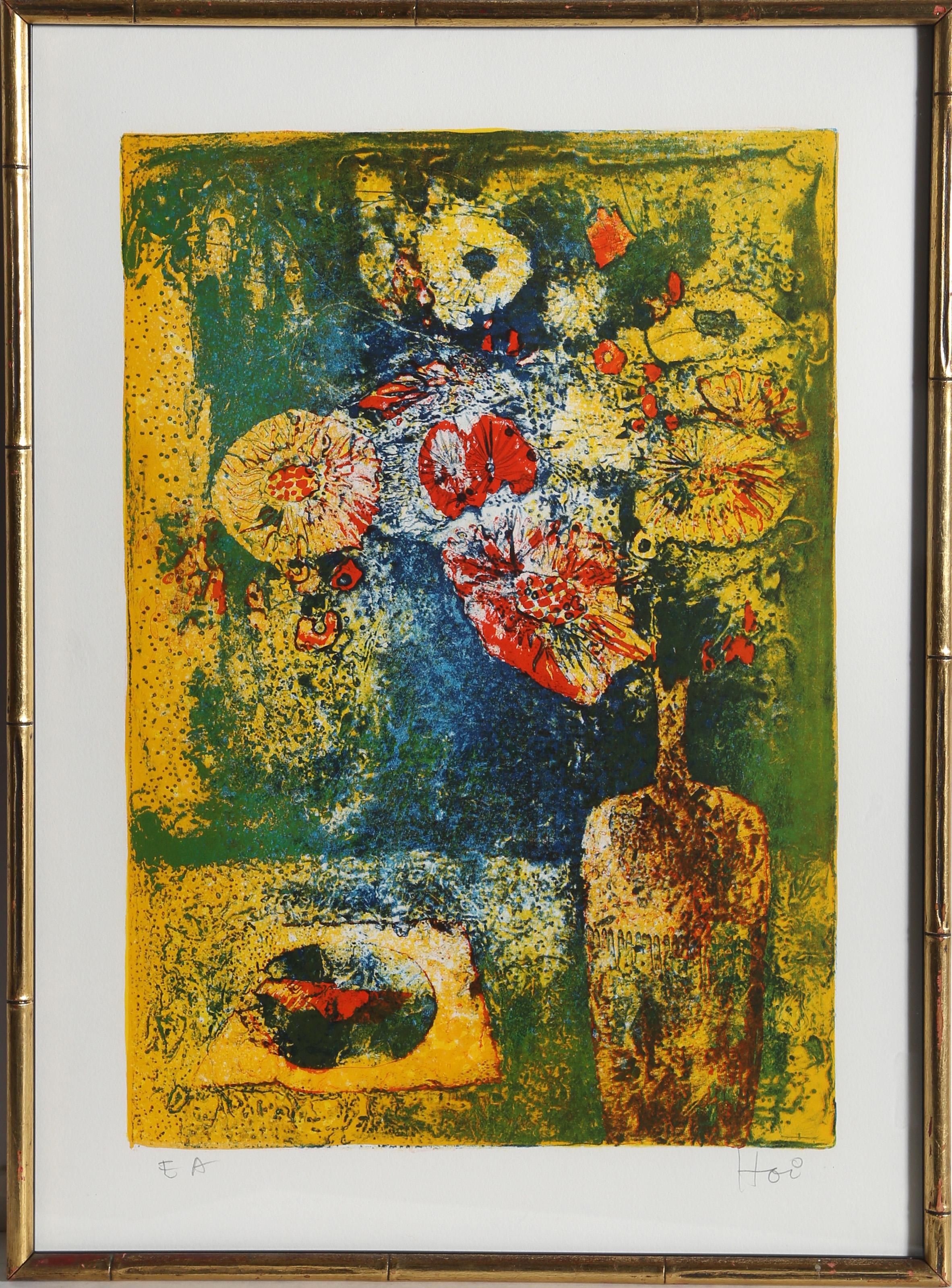 Lebadang (aka Hoi), Vietnamese (1922 - 2015) -  Flowers on Table. Year: circa 1980, Medium: Lithograph, signed in pencil, Edition: EA, Image Size: 18 x 12.5 inches, Frame Size: 23 x 16.5 inches, Description: A bright, almost neon lithograph of