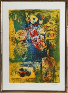 Vintage Flowers on Table, Lithograph by Hoi Lebadang